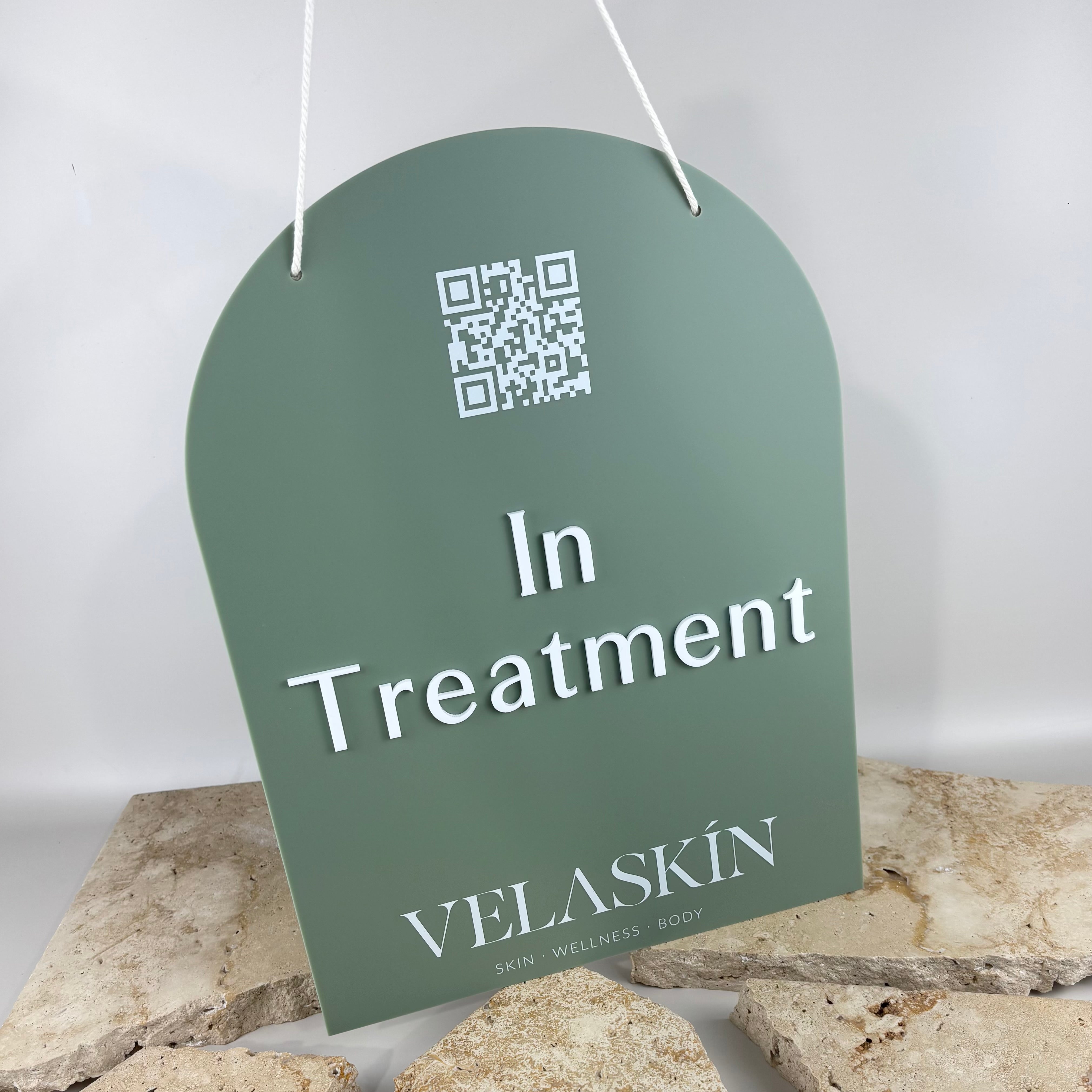Custom acrylic hanging open closed sign for salon door, arch shaped green business sign with rope hanger and QR code, “in treatment” and “closed” signage, modern clinic door sign for beauty and wellness businesses Australia