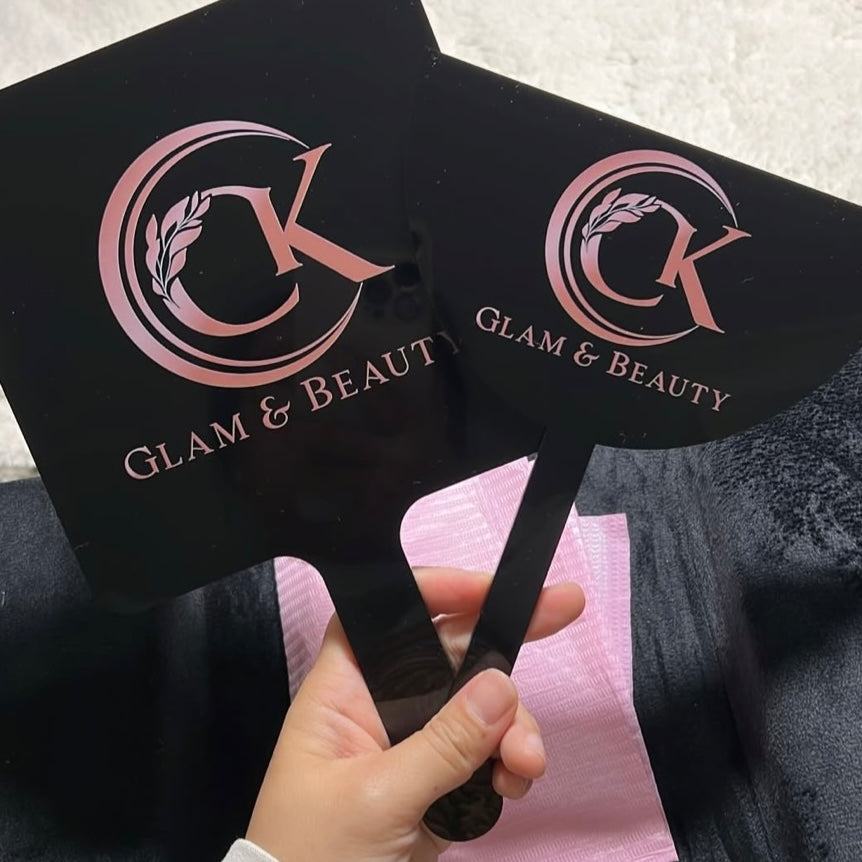 Custom branded handheld mirror and face shield bundle, acrylic salon mirror with logo and matching photo face shield, personalised beauty business accessories for lash techs and makeup artists, CK Glam & Beauty branding tools for client photos and professional presentation