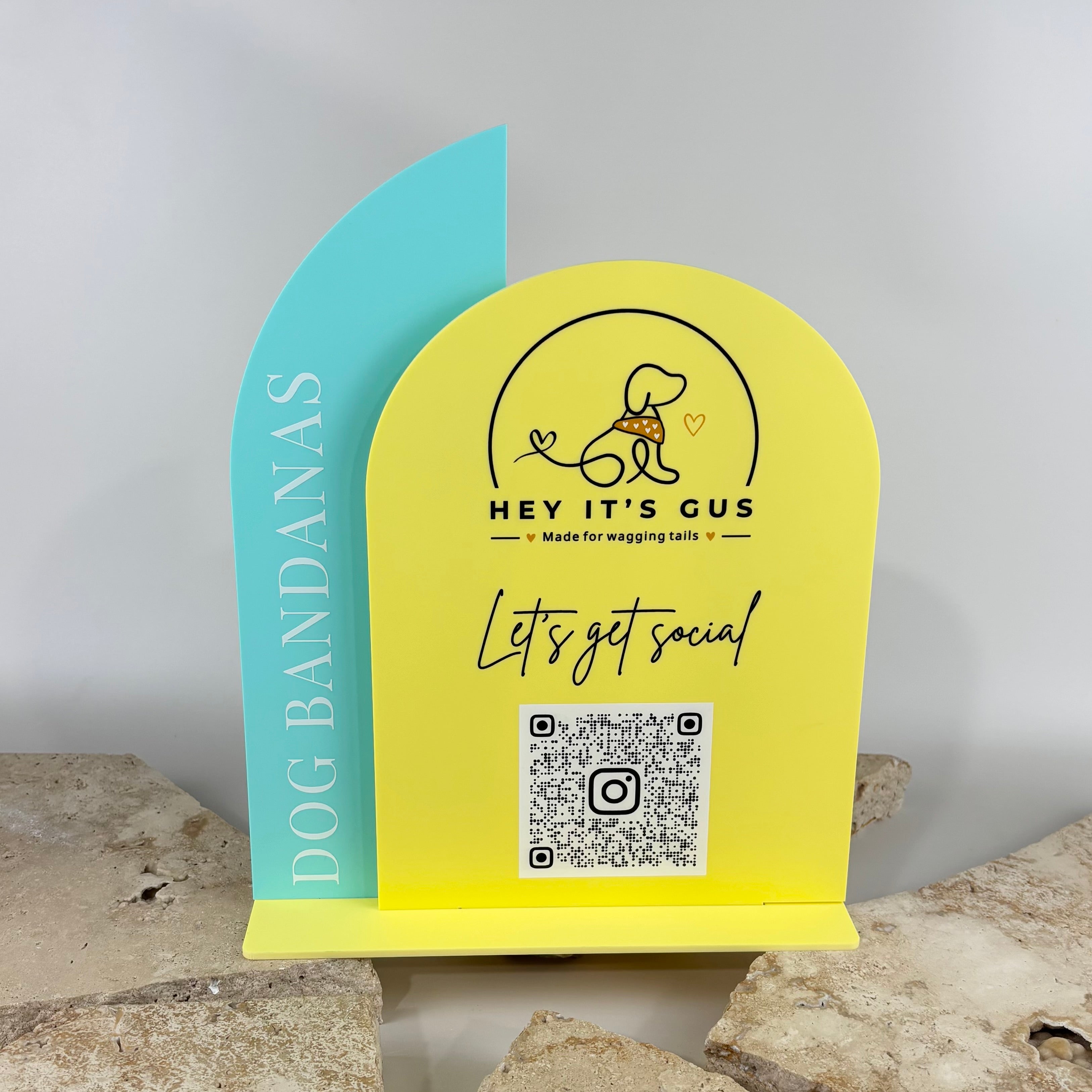 Custom acrylic Instagram QR code sign with neon yellow and aqua arch design for dog bandanas, pet businesses, dog groomers, pet boutiques, veterinarians, pet photographers and small business social media marketing.