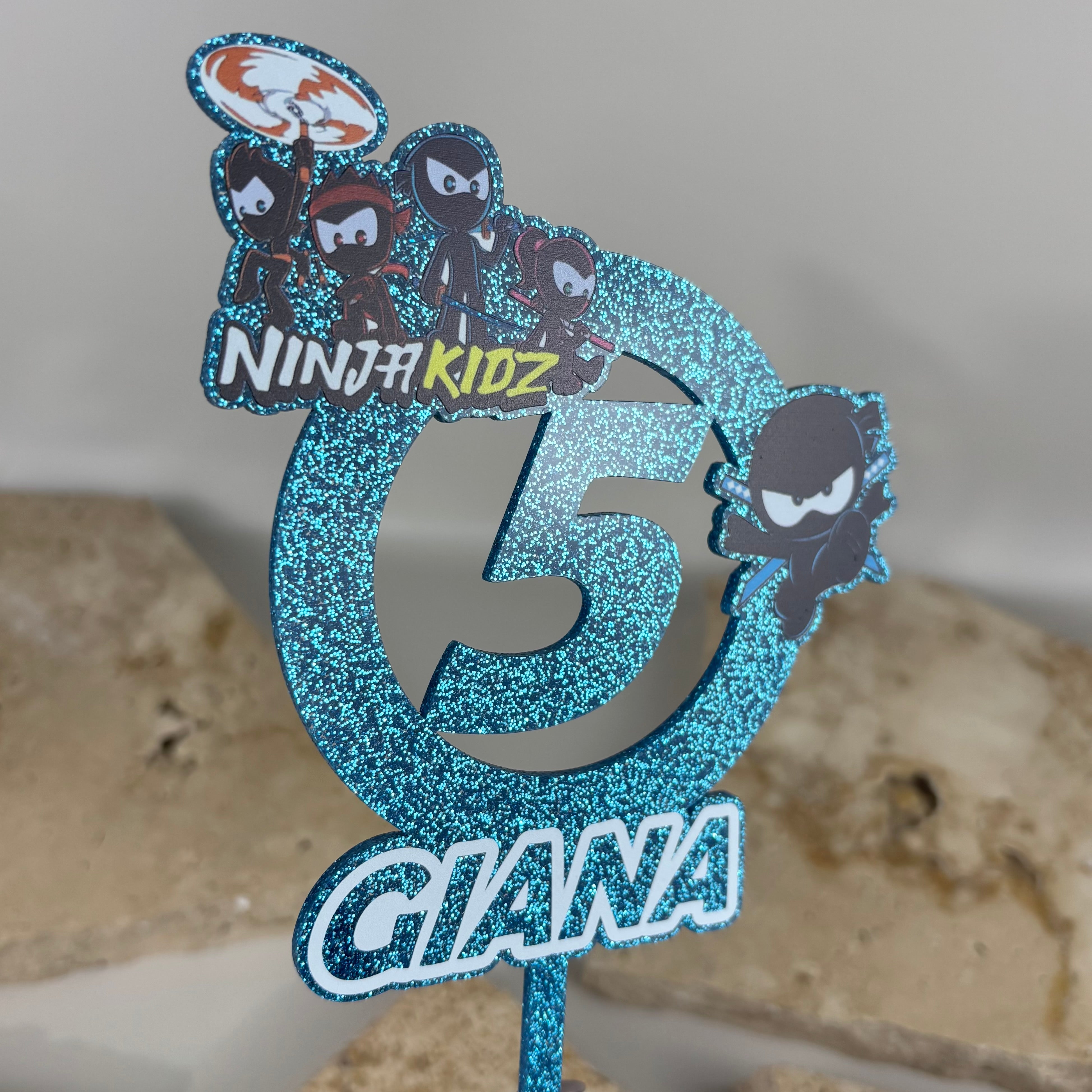 Custom ninja cake topper with name and age, glitter blue acrylic birthday cake topper, personalised kids cake decoration for ninja party theme, custom name cake topper Australia 