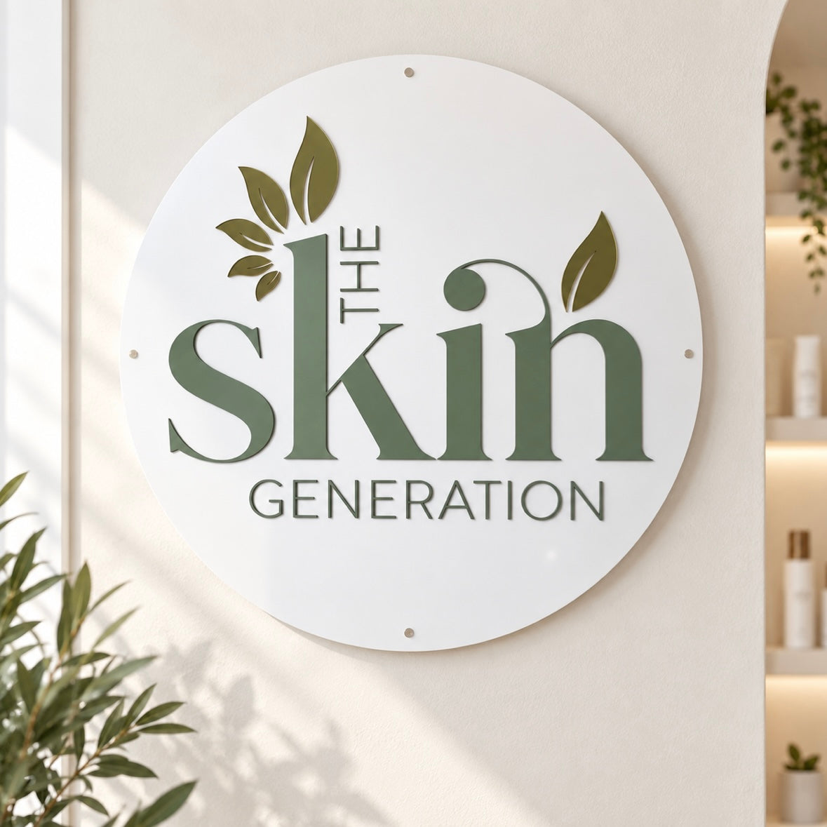 Custom round acrylic business sign with 3D sage green lettering and logo, mounted on a modern salon wall.