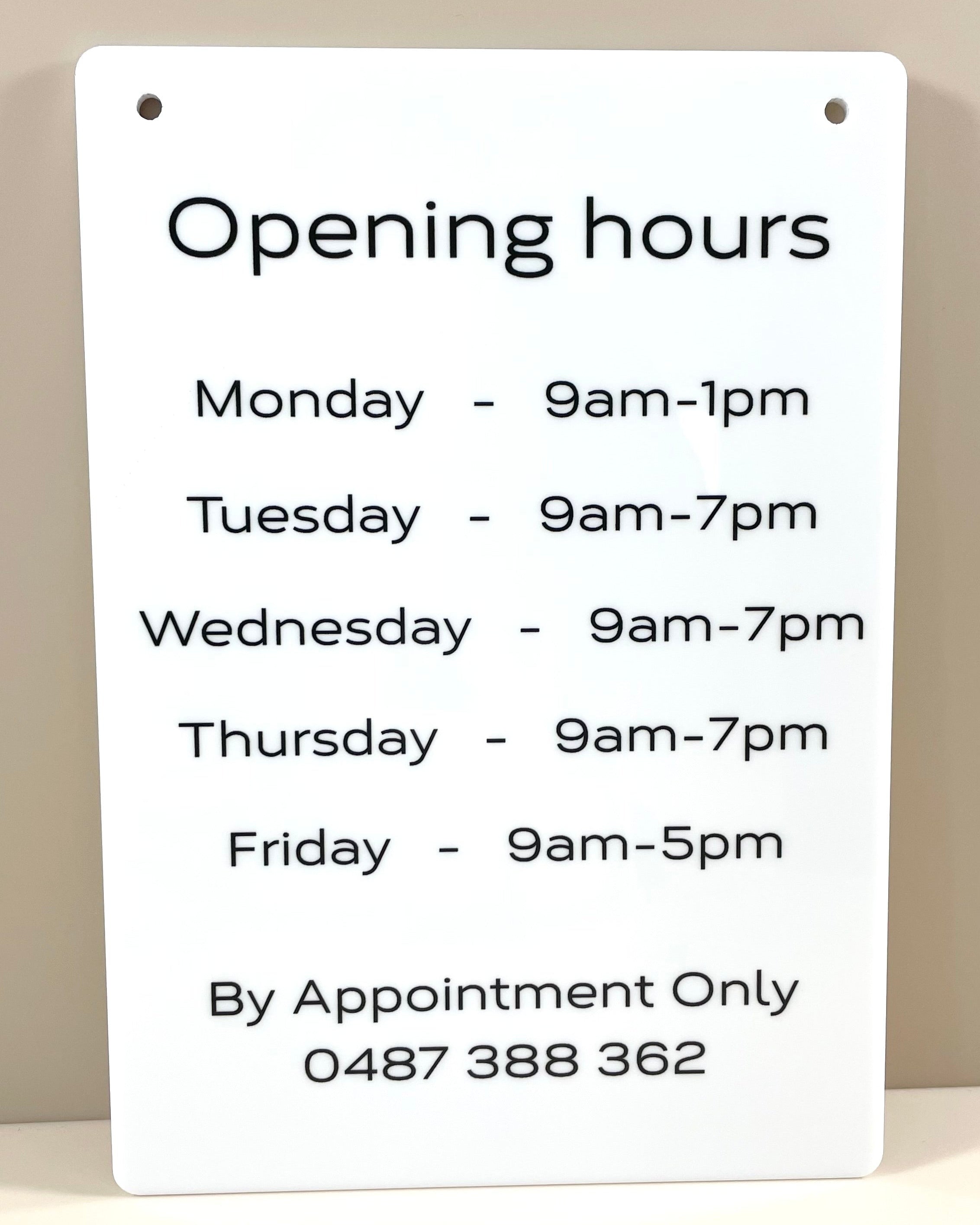 Personalised acrylic opening hours sign with business trading times – custom salon and office signage
