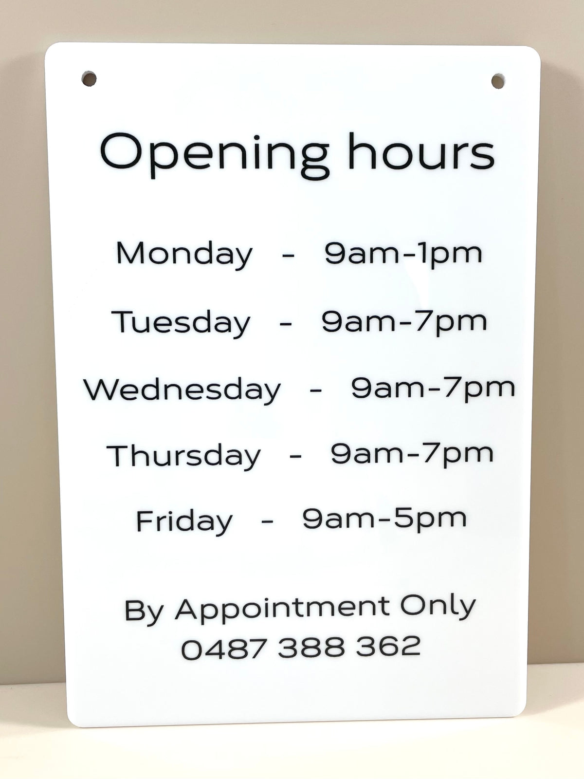 Acrylic trading hours sign 