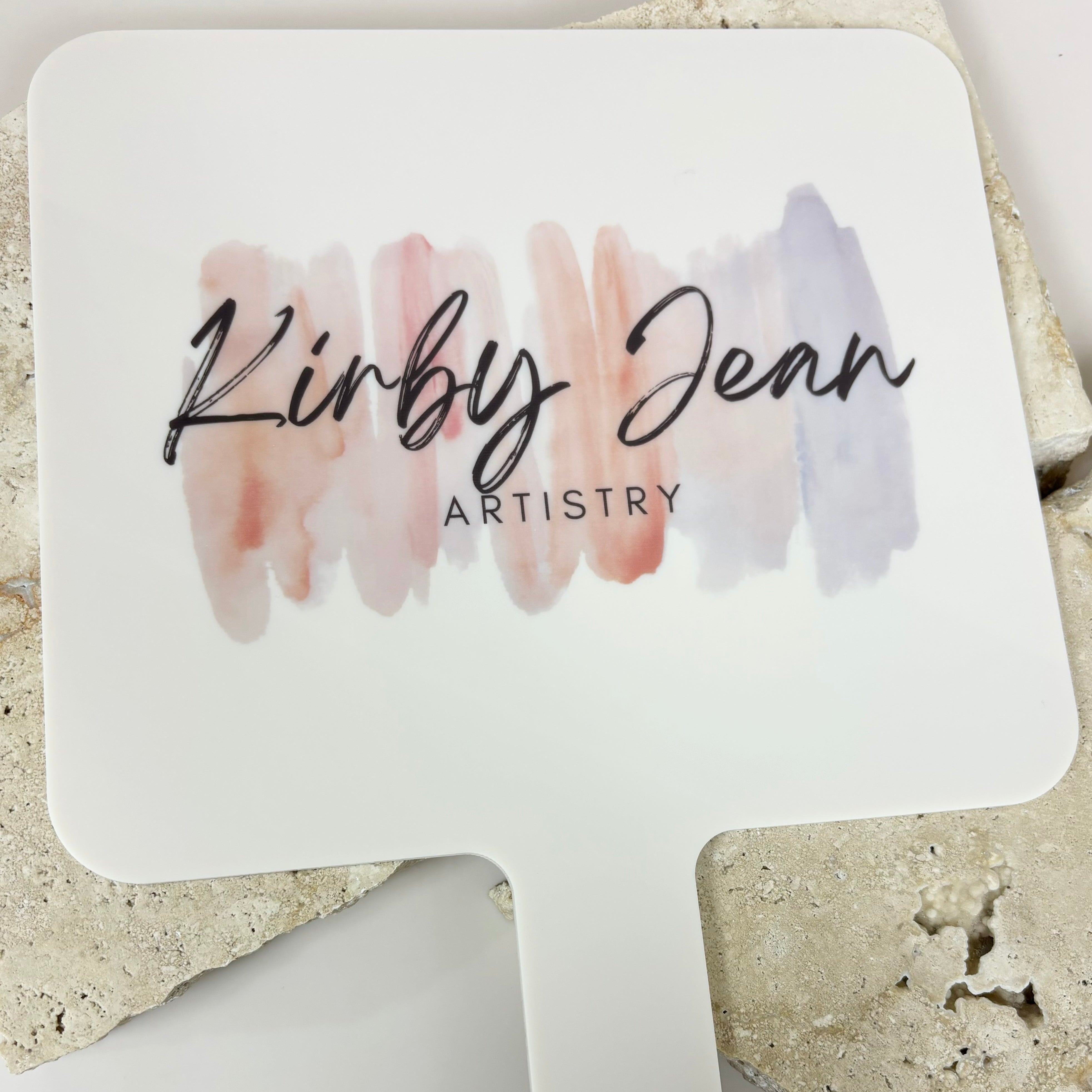 Personalised handheld mirror with Kirby Jean logo for beauty salons