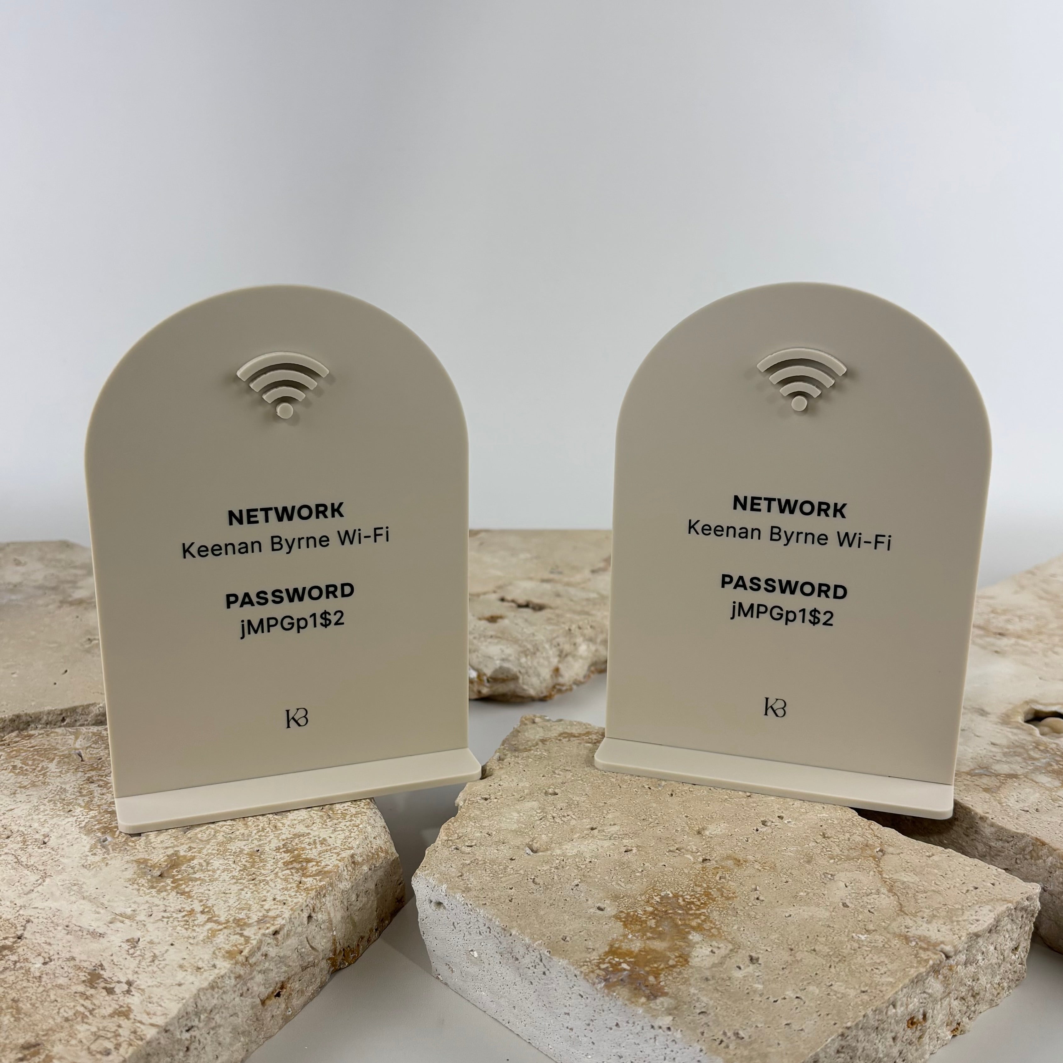 Custom acrylic Wi-Fi sign displaying network name and password for cafés, salons, offices, Airbnb properties, waiting rooms and reception areas. Modern countertop Wi-Fi password display featuring raised 3D Wi-Fi icon and professional business signage designed to provide guests with easy network access