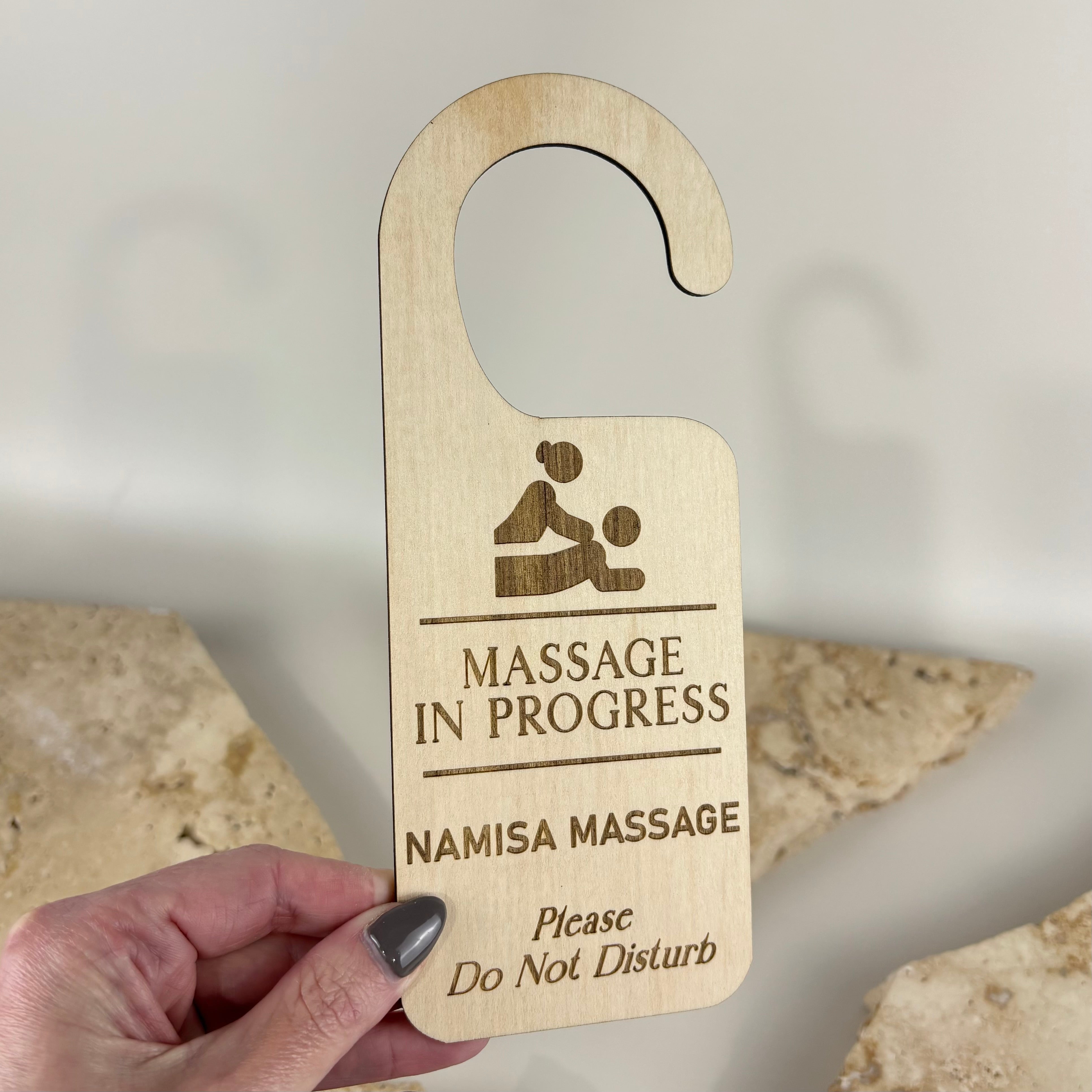 Personalised engraved wooden massage in progress door hanger with do not disturb message, custom timber salon door sign for massage therapists, day spas, beauty salons, wellness clinics and treatment rooms