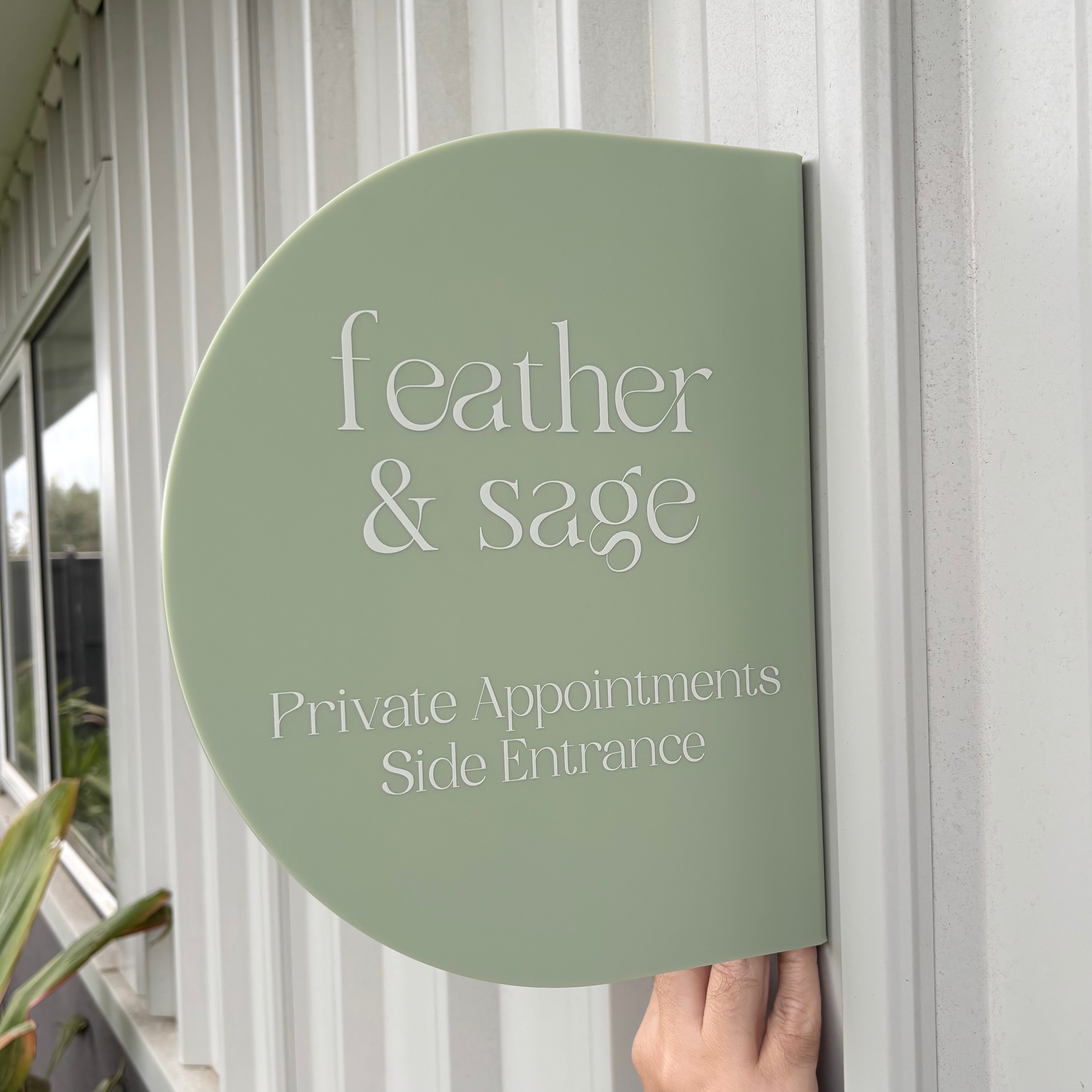 Custom sage green acrylic side entrance sign with raised 3D white lettering, wall-mounted beauty salon signage for private appointments. Premium outdoor business sign for beauty clinics, cosmetic studios, wellness spaces and boutique salons in Australia.