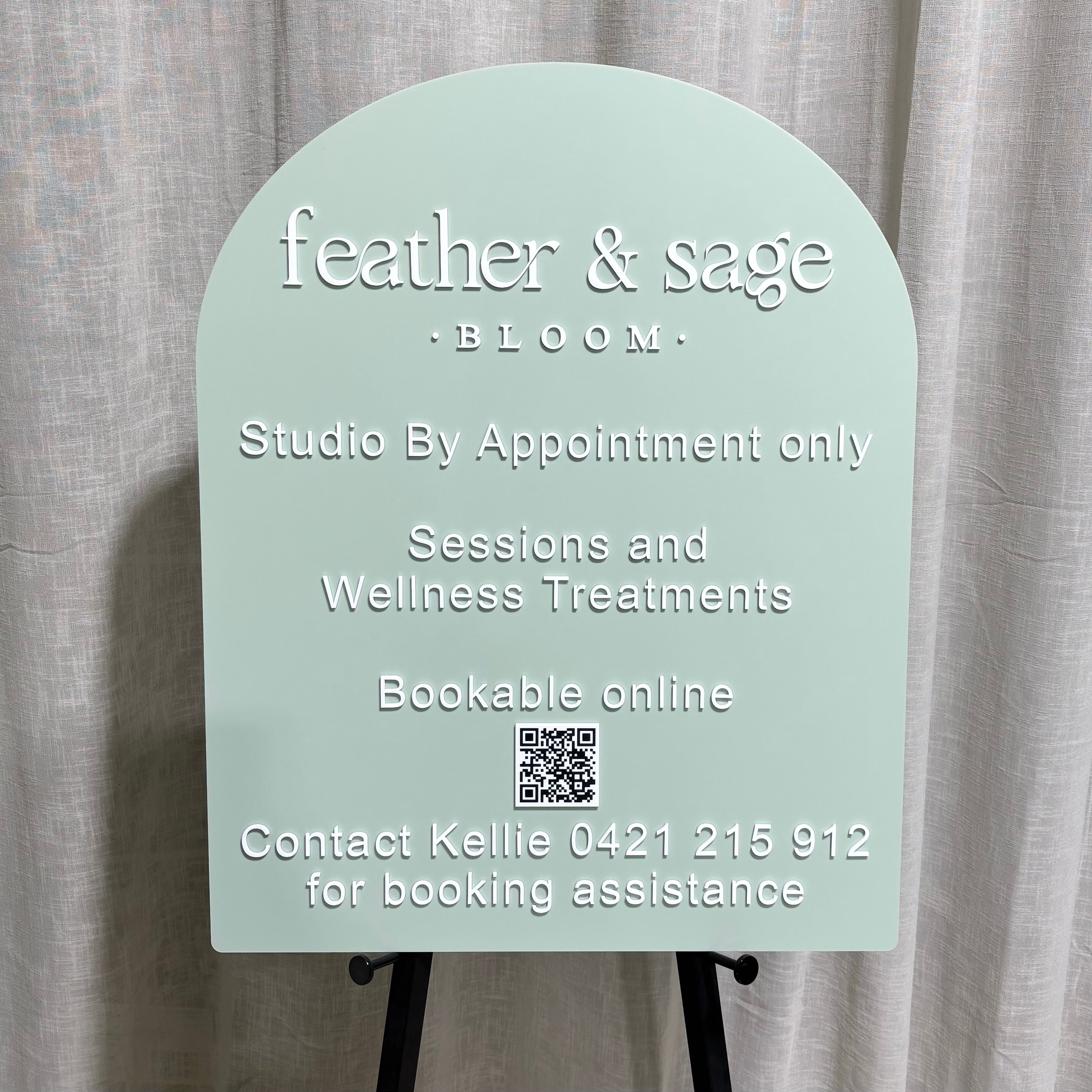 Custom arched acrylic business sign with raised 3D lettering and QR code, personalised studio appointment sign for wellness clinics, beauty salons, florists and small businesses in Australia and New Zealand.