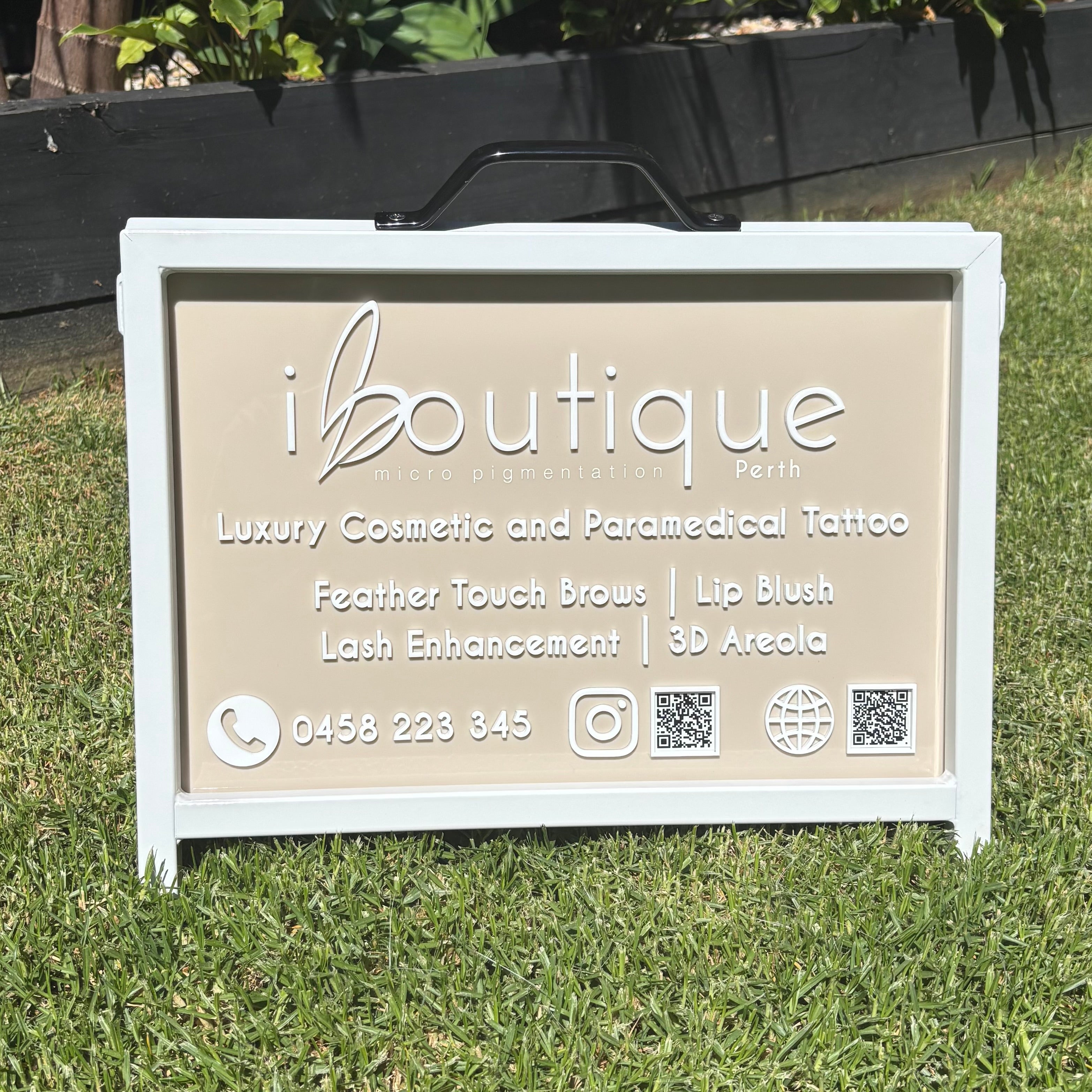 Custom acrylic A-frame business sign with raised 3D lettering for beauty clinic advertising and outdoor sidewalk signage