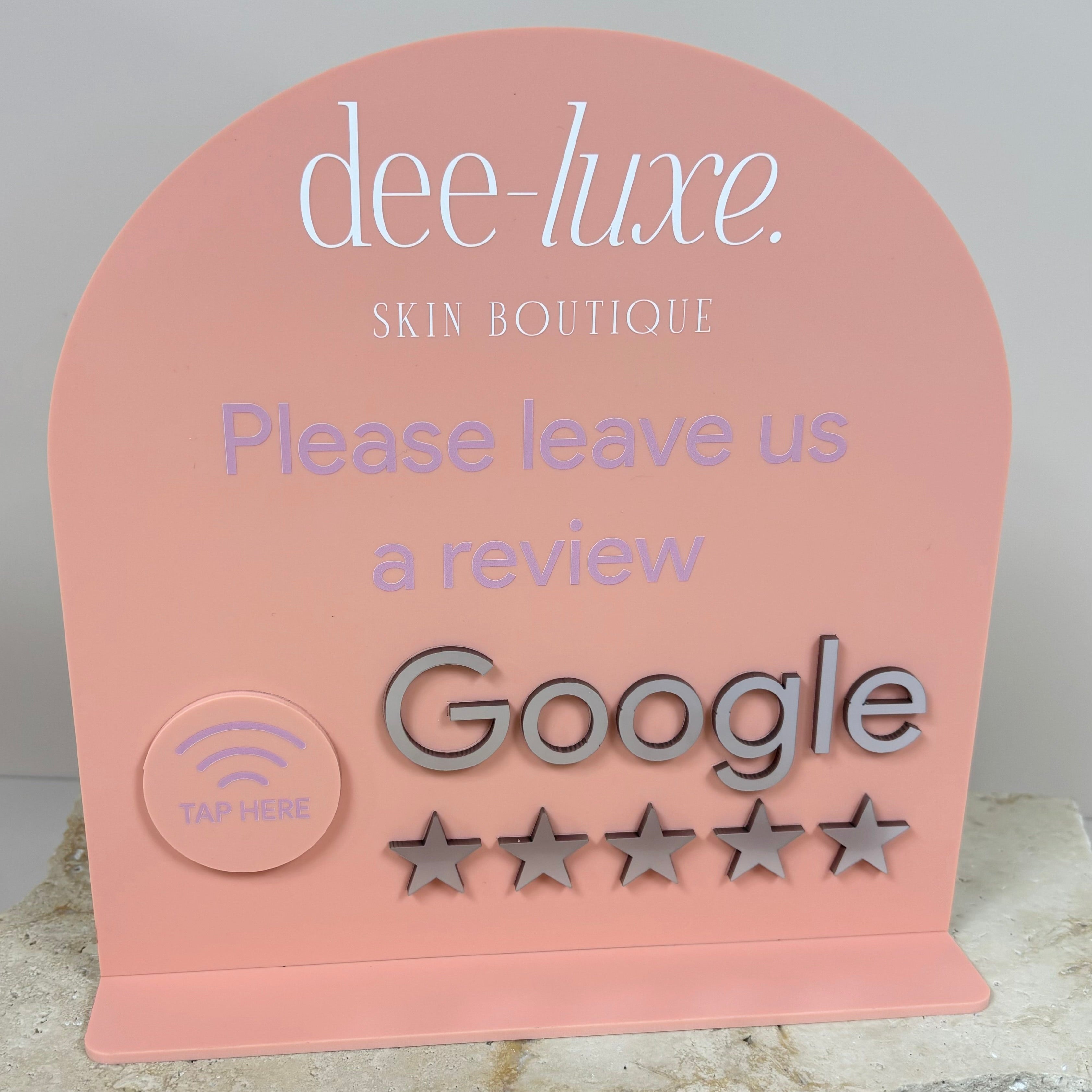 pink NFC Google review sign for skin clinics – tap to leave a review signage