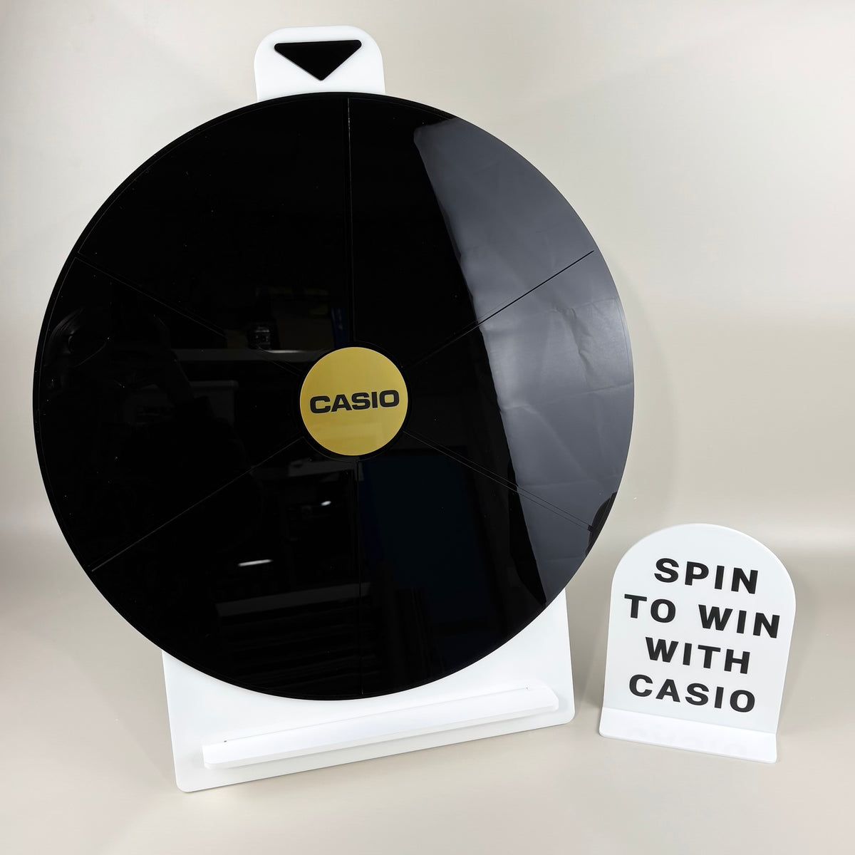 Custom spin to win prize wheel with business logo, personalised acrylic competition wheel for retail stores, events, promotions, giveaways and market stalls.