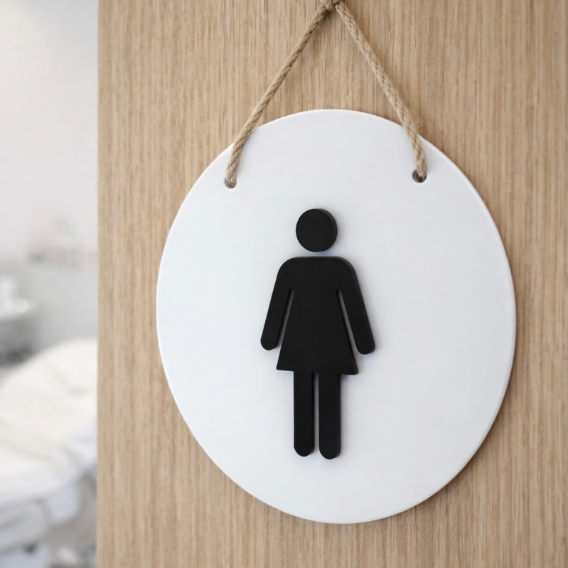 Round female restroom sign in white acrylic with black raised icon, hanging bathroom signage for salon or clinic door