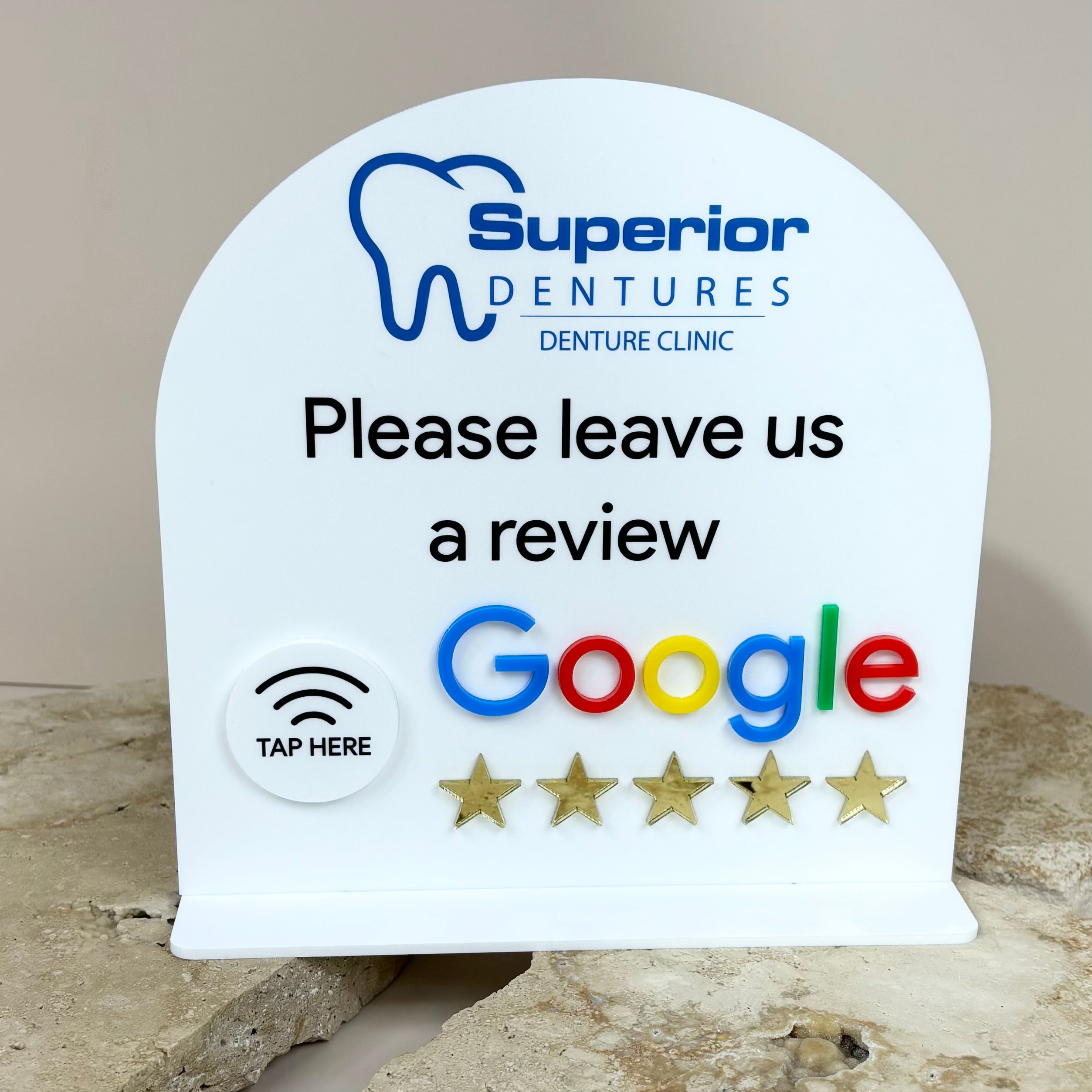 Tap to review Google sign for salons – white personalised NFC display with elegant branding