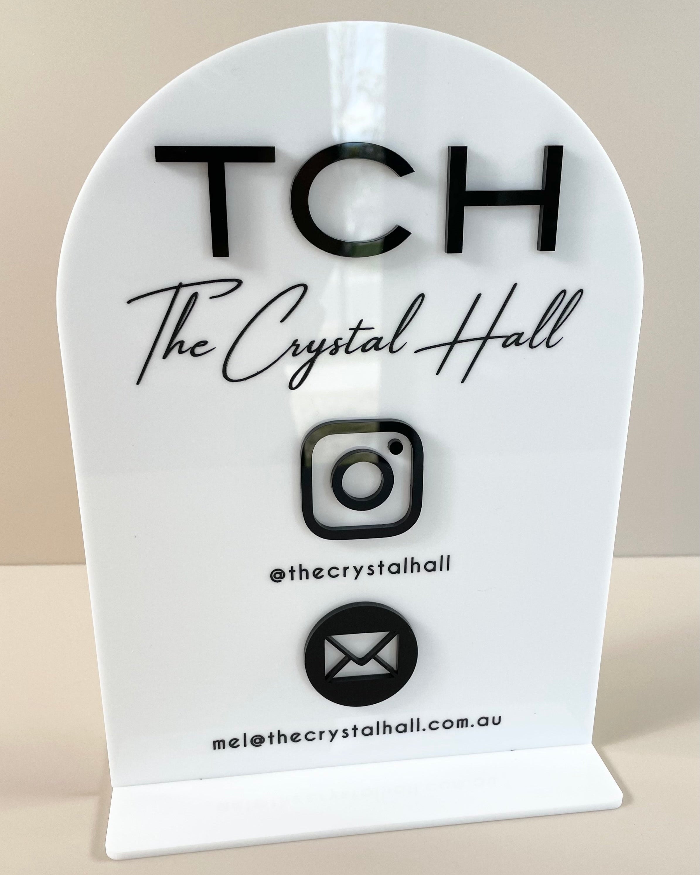 Branded acrylic QR sign for event venue or business with Instagram handle