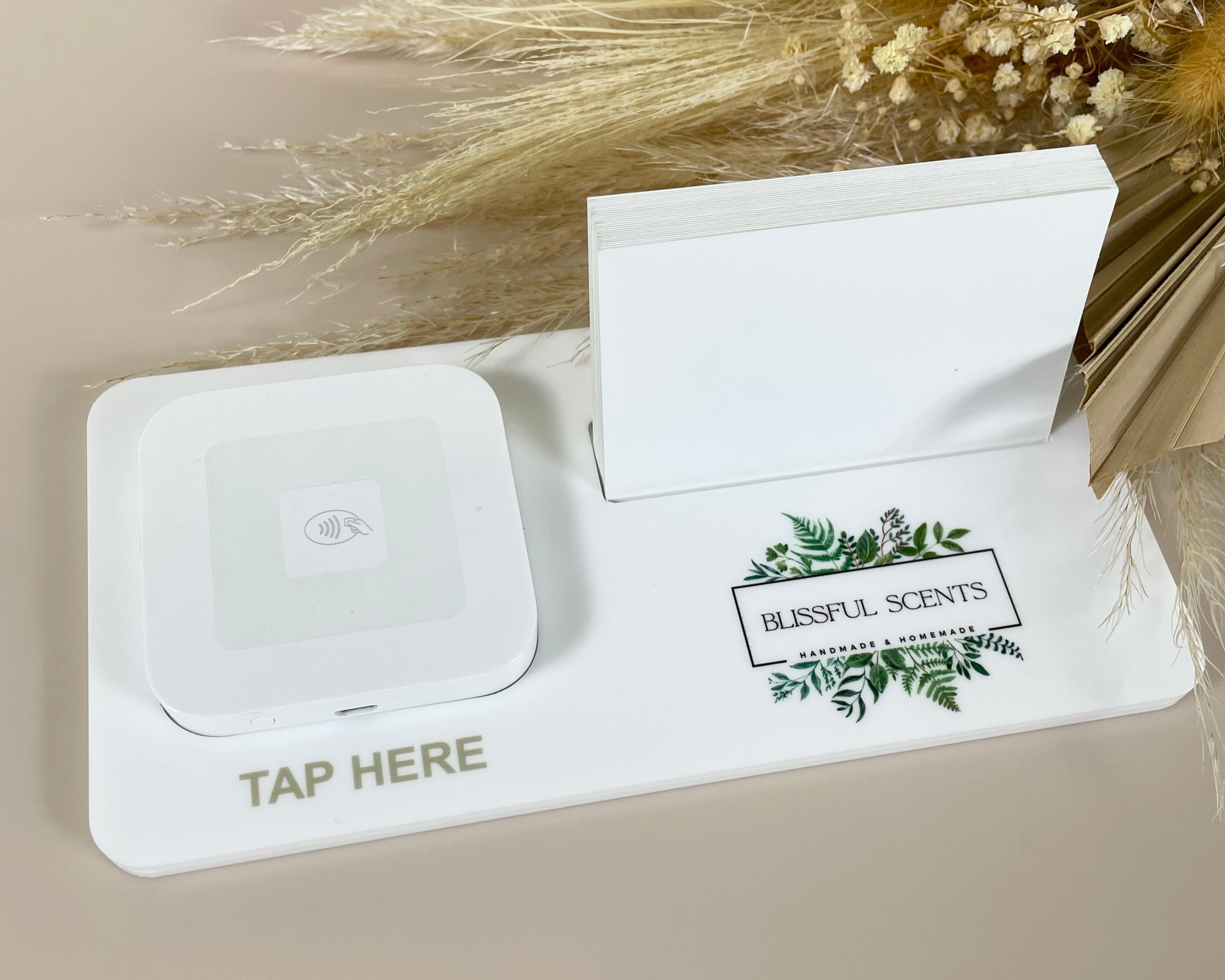 White acrylic business station stand with logo and Square tap to pay section