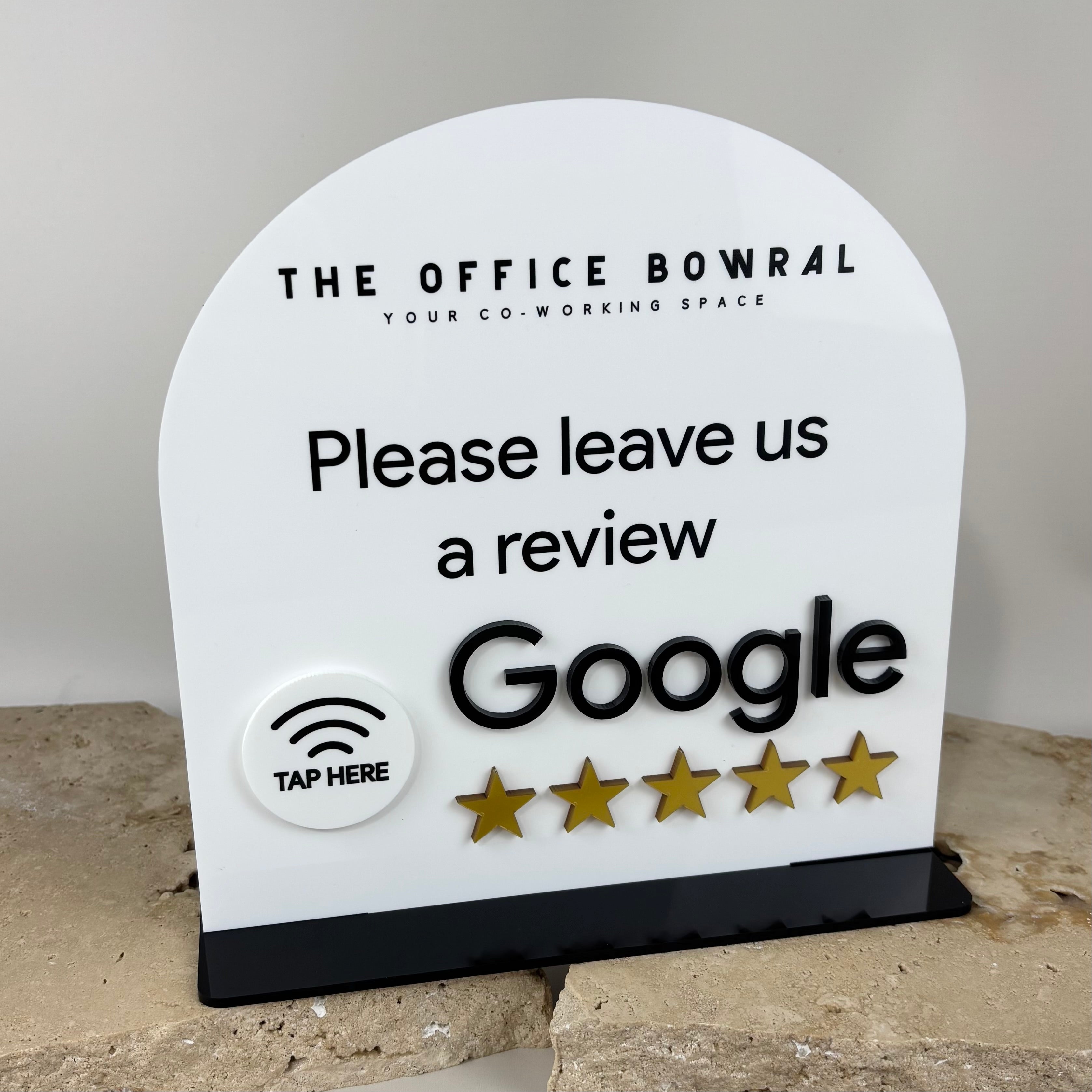 Custom NFC Google review stand with tap to review feature, modern acrylic business display encouraging customers to leave Google reviews.