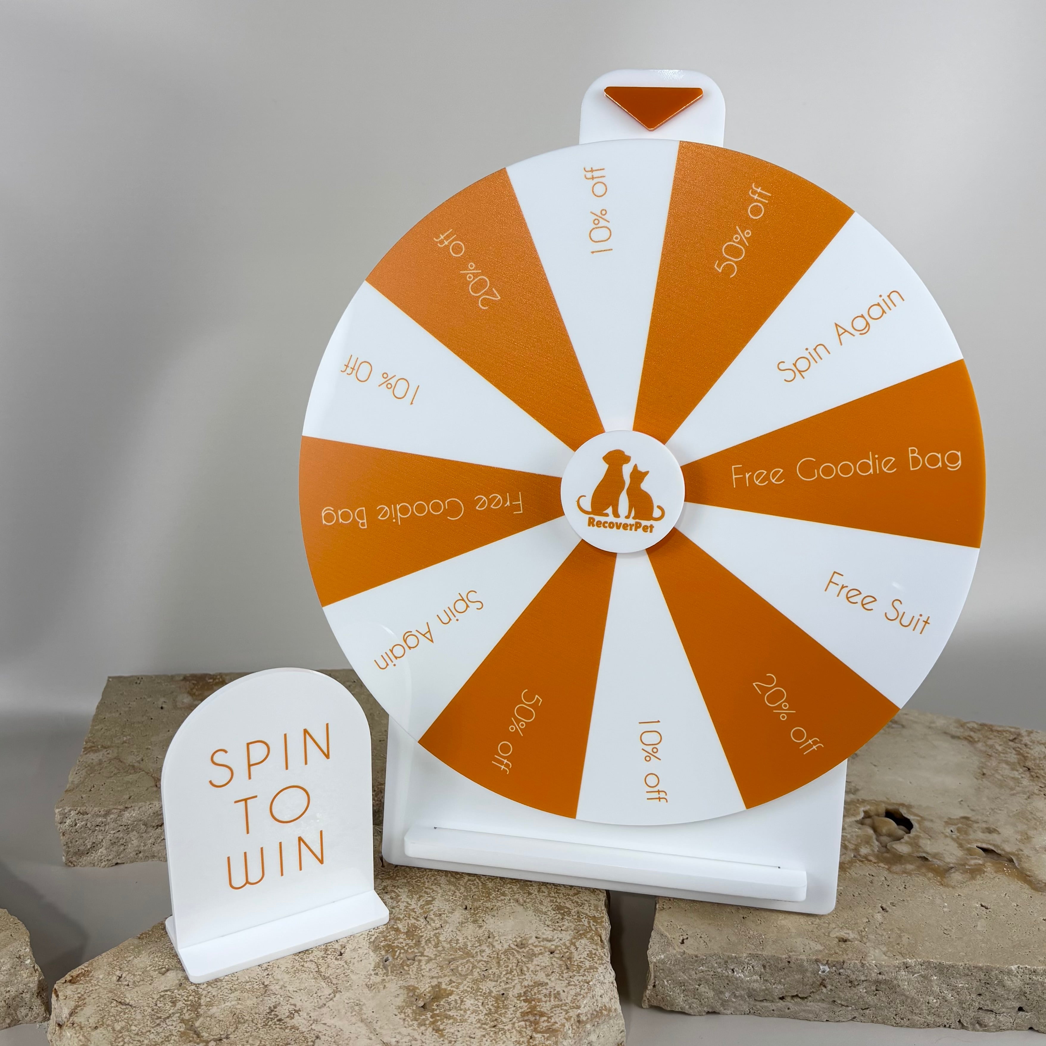 Custom orange and white spin the wheel prize game for business promotions with Spin to Win sign