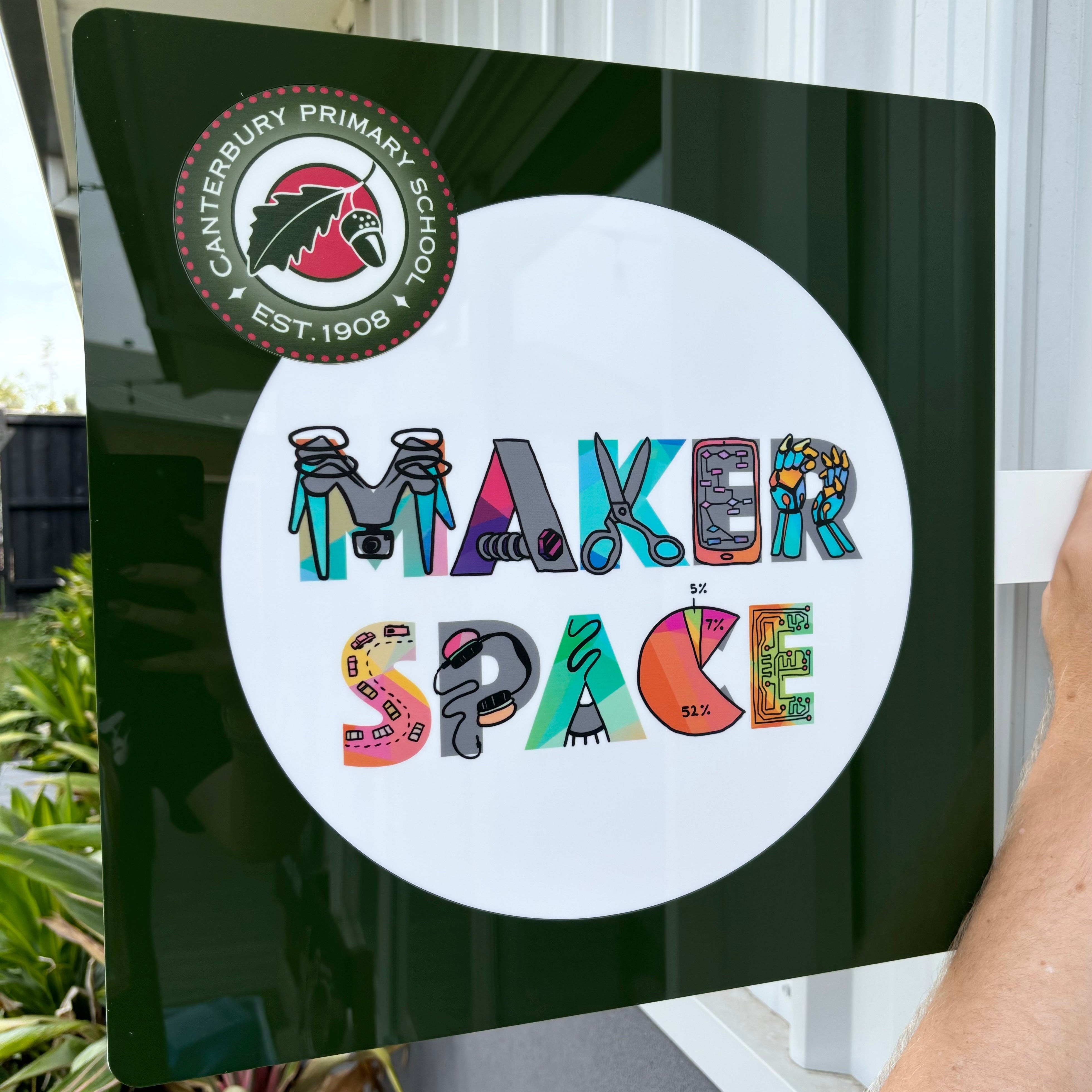 Custom square blade sign for school Maker Space area, full colour design, outdoor use, double-sided signage Australia