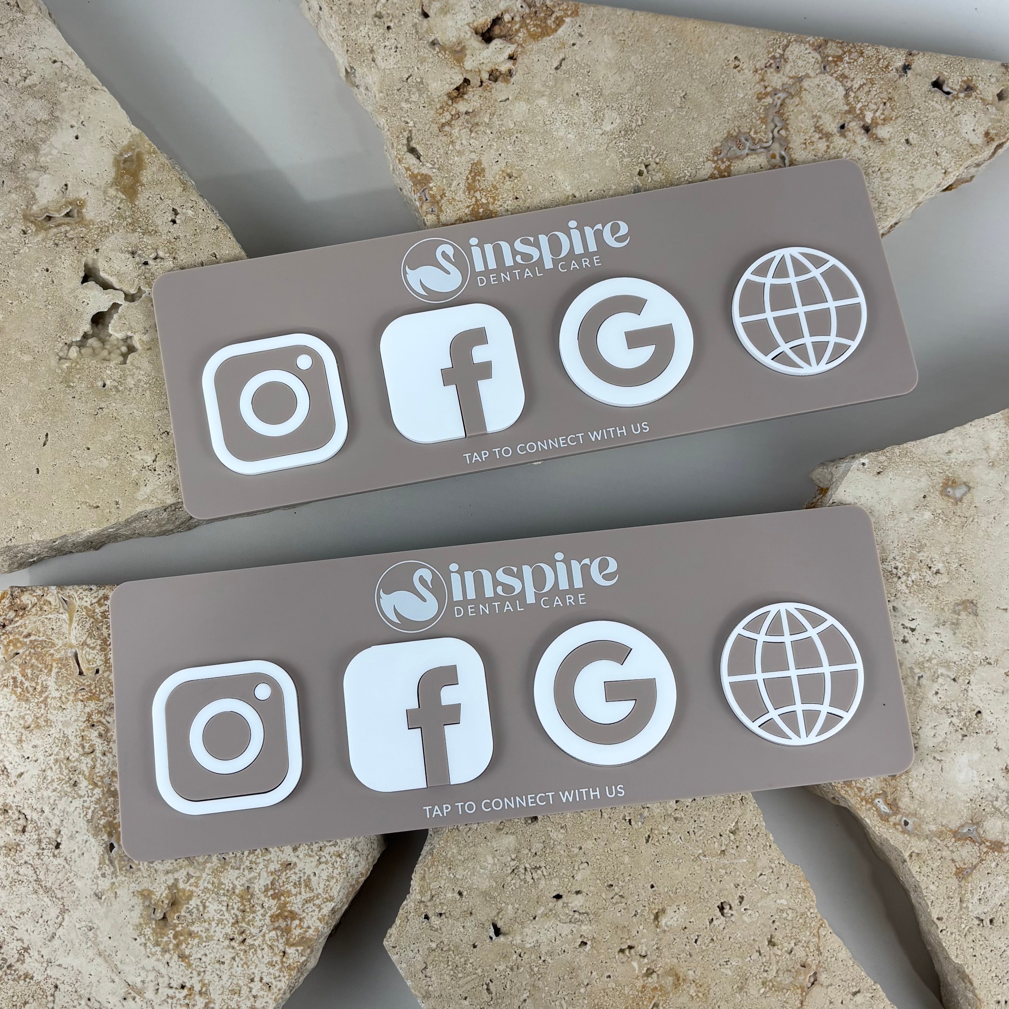 Custom NFC business station for dental clinics featuring Instagram, Facebook, Google and website links. Acrylic social media stand with 3D layered icons, contactless tap technology, Google review NFC display and branded dental practice marketing 