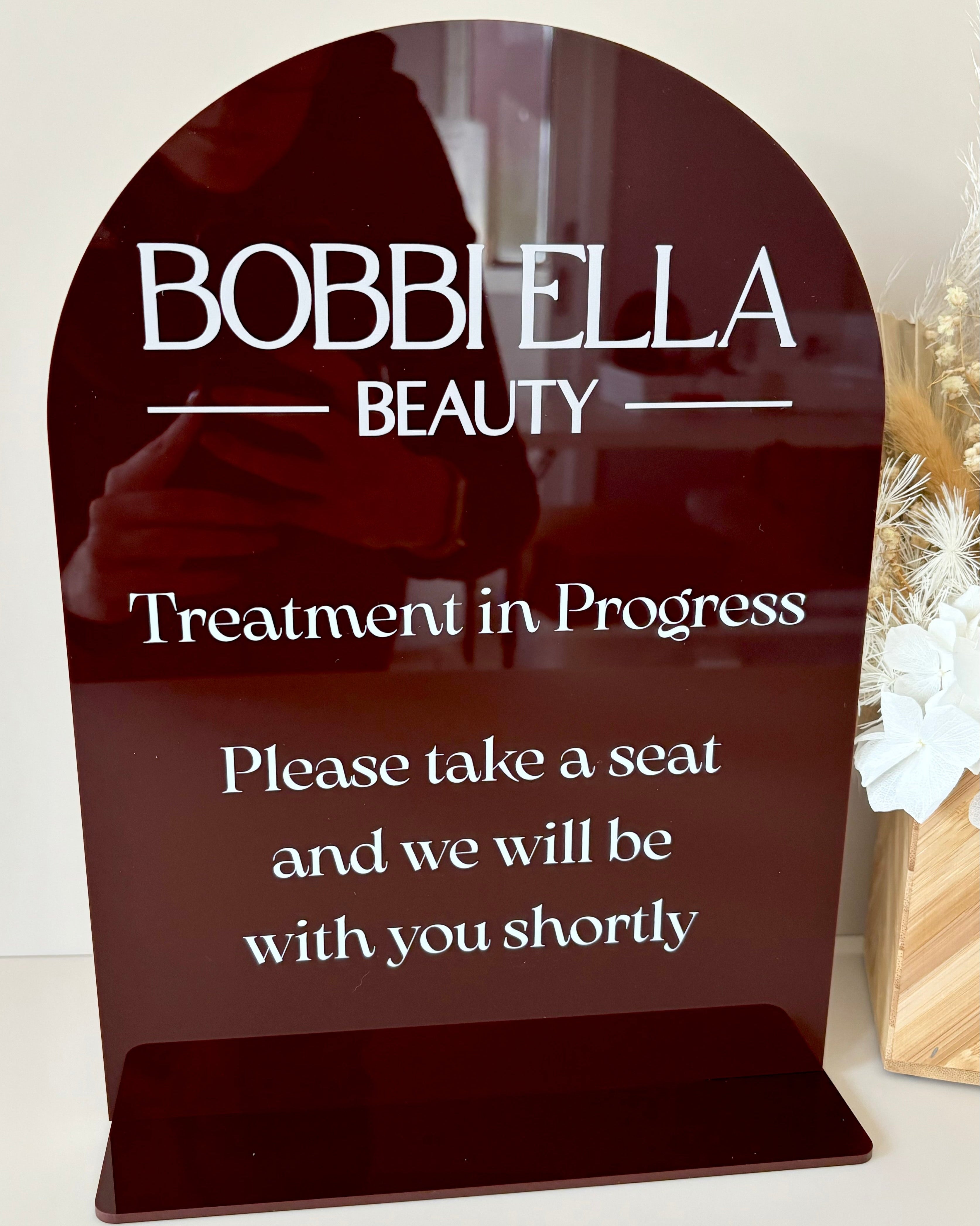 Brown treatment in progress acrylic sign for beauty salons