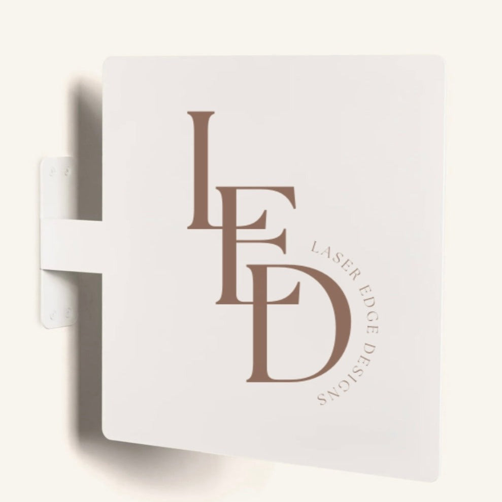 White square blade sign with custom branding, double-sided shop sign for Australian salons, boutiques, and retail spaces
