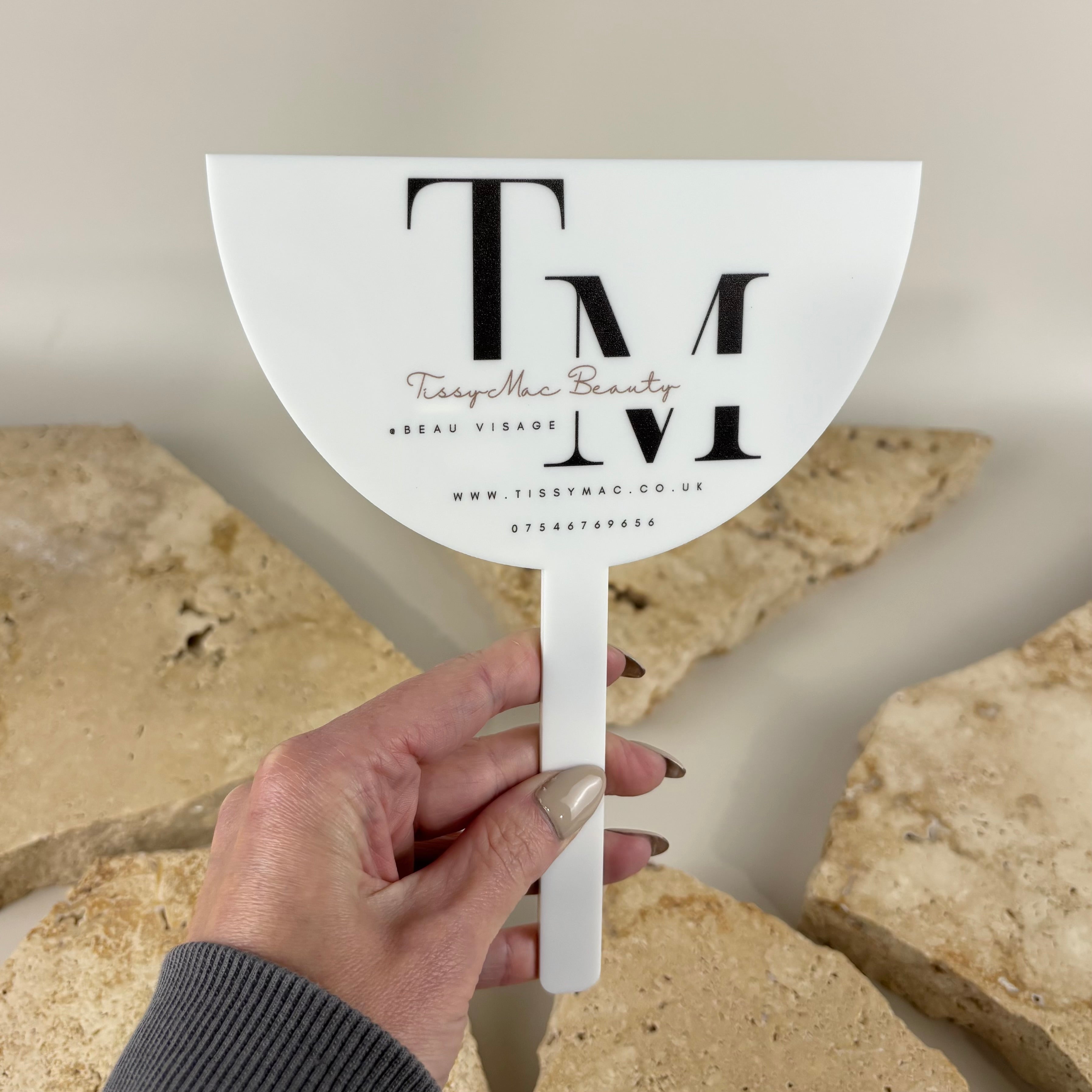 Custom personalised acrylic face shield with UV printed business logo, branded beauty face shield for makeup artists, lash technicians, brow artists, cosmetic tattooists and beauty salons.
