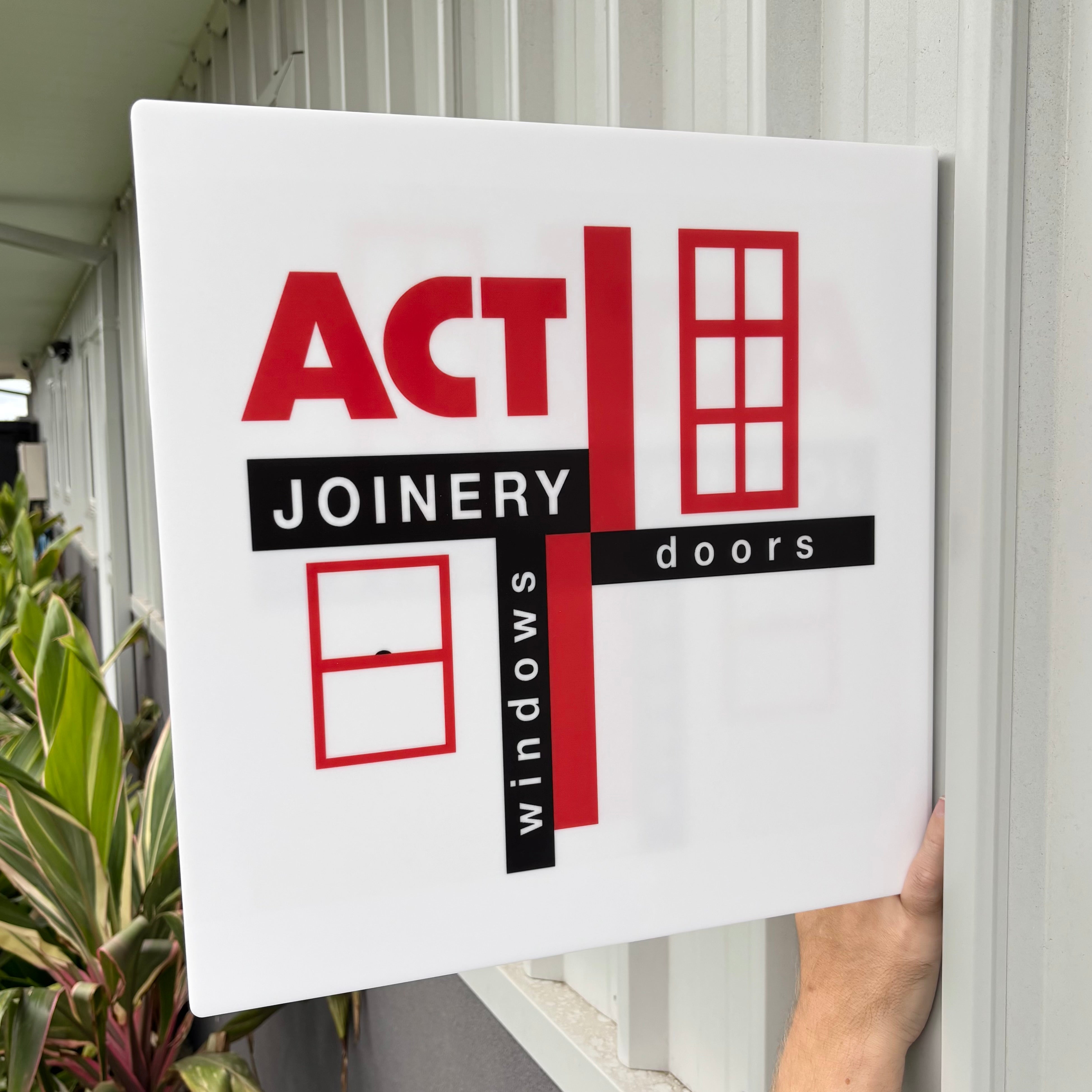 Modern Acrylic Trade Business Sign with UV Printed Logo – Custom square acrylic business sign designed for joinery, window and door companies. Durable wall-mounted commercial signage ideal for workshops, factories, showrooms and business entrances Australia-