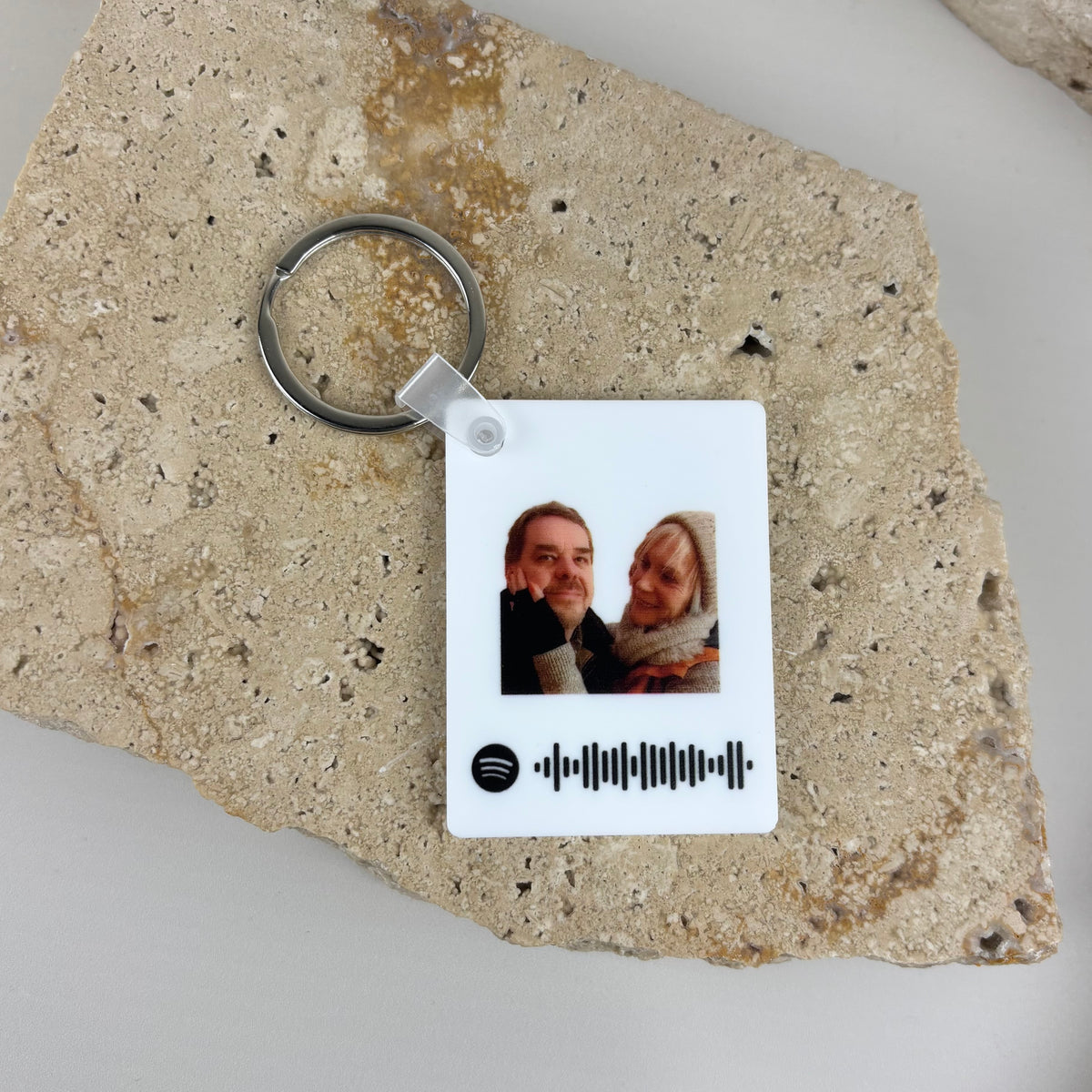 Personalised Spotify song keychain with custom photo and scannable Spotify code, a meaningful music keepsake gift for couples, family or friends.