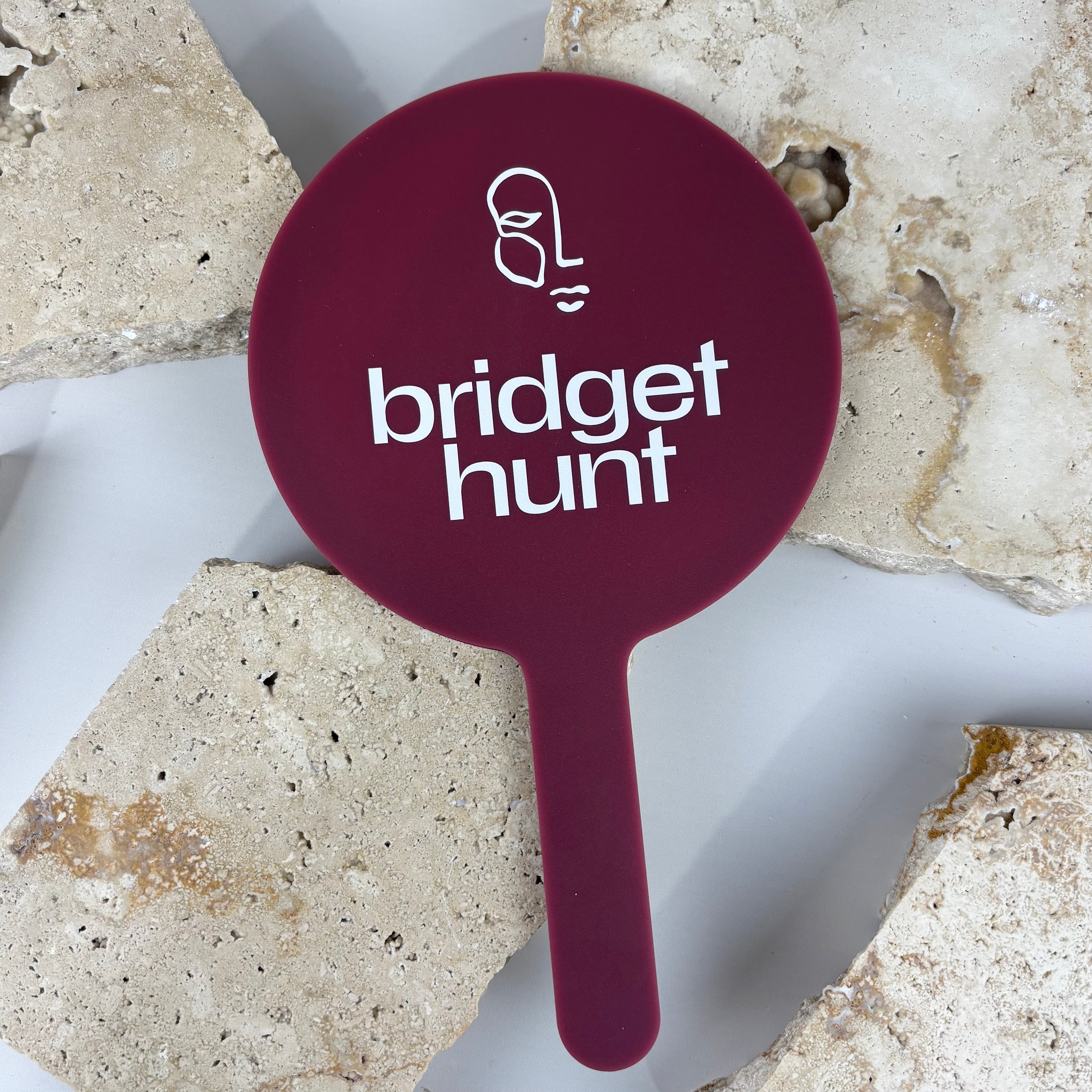 Custom branded handheld mirror Australia, burgundy acrylic salon mirror with logo, personalised beauty business mirror for hairdressers, lash and brow studios