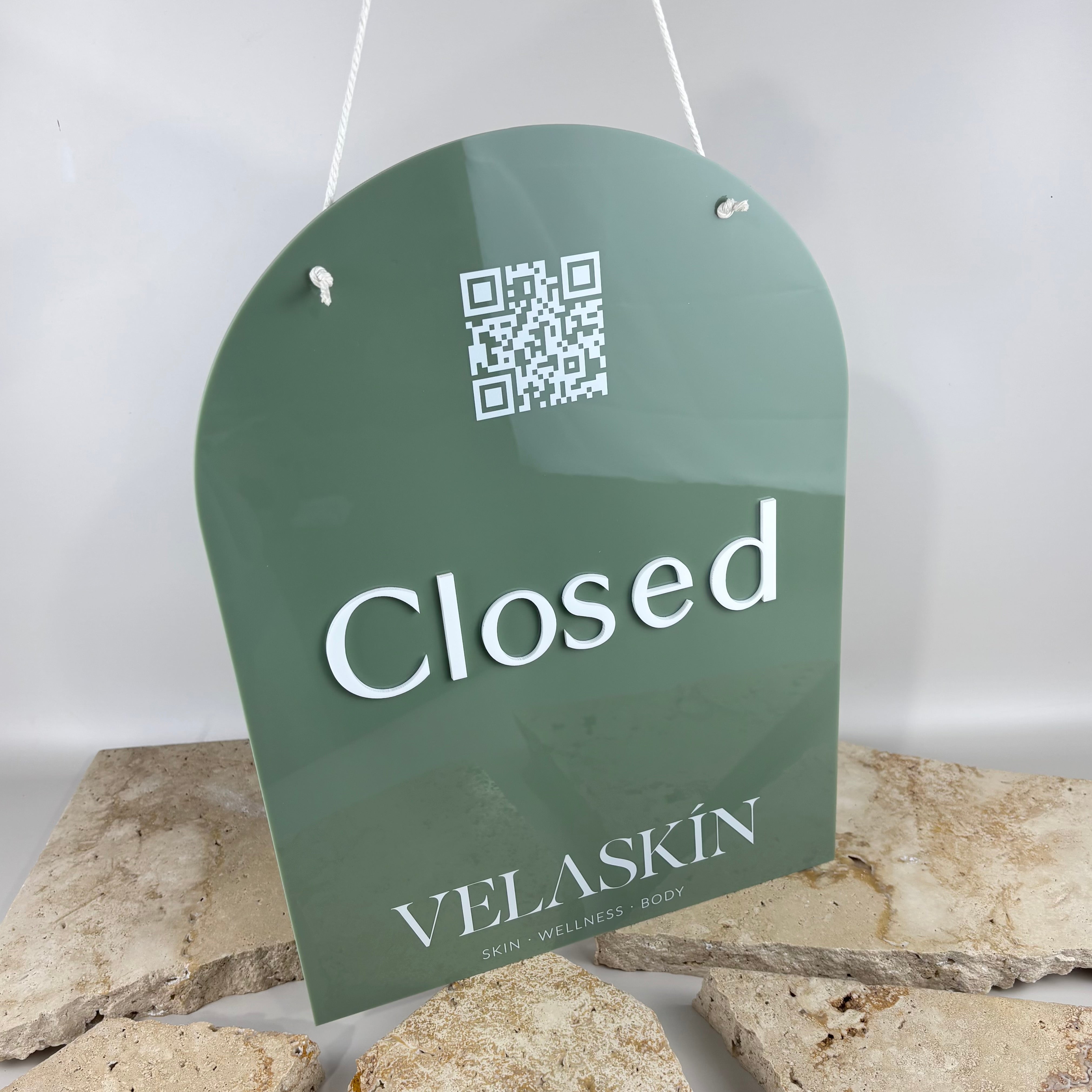 Custom green open closed sign with logo 