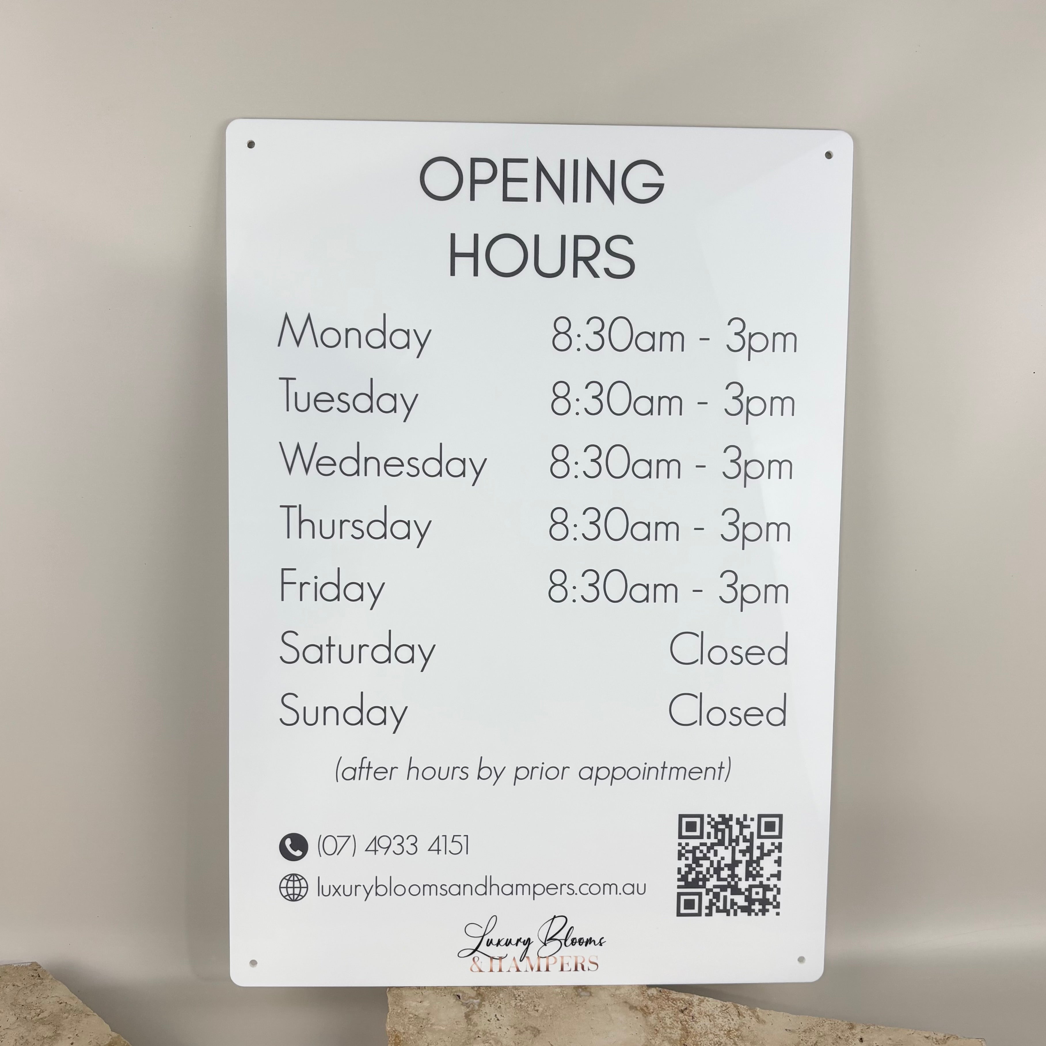 Custom acrylic opening hours sign with QR code for shopfront business signage displaying store hours and contact details