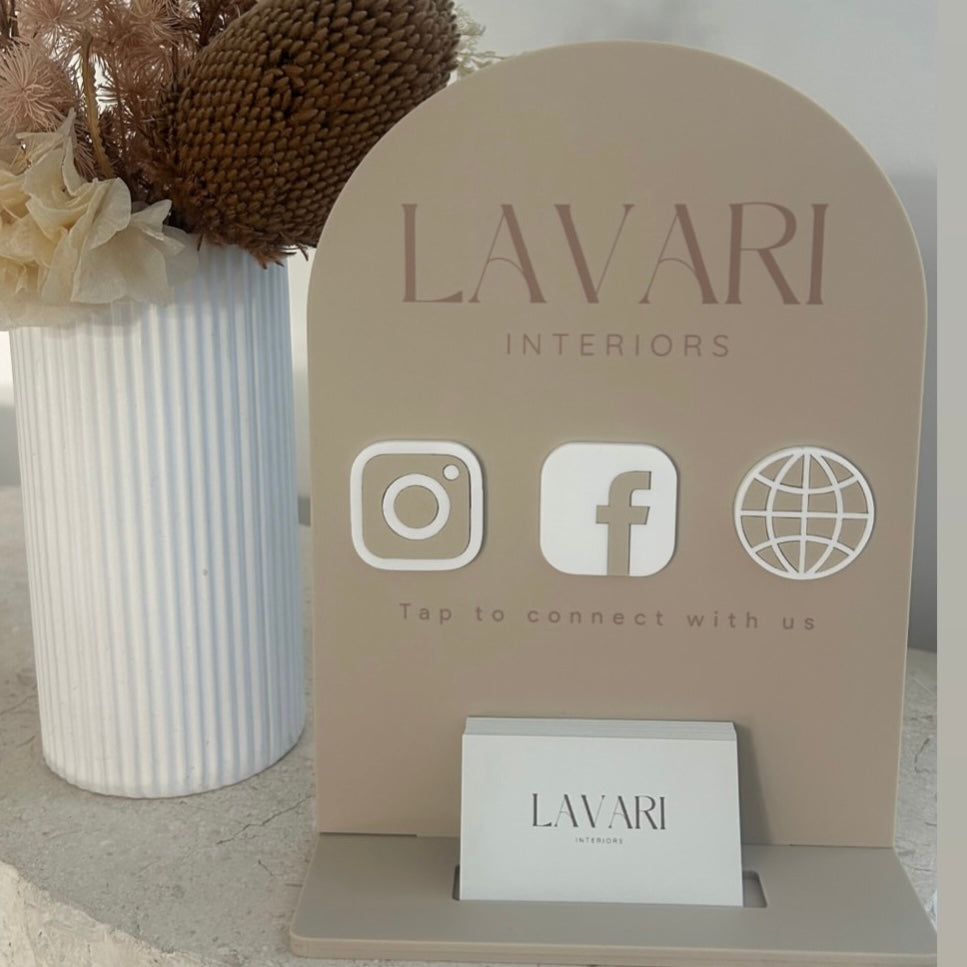 Custom acrylic NFC business stand with social media icons and card holder, branded salon and retail display sign designed to increase client engagement, bookings and followers Australia