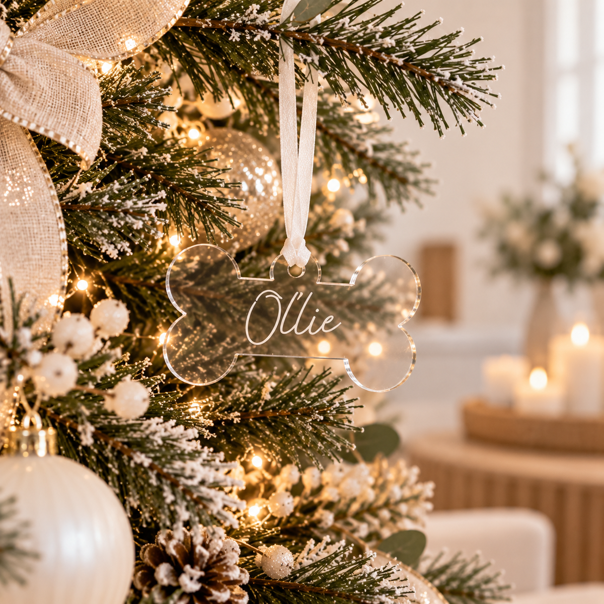 Personalised clear acrylic dog bone Christmas bauble with the name Ollie, hanging on a light modern Christmas tree with neutral festive decorations.
