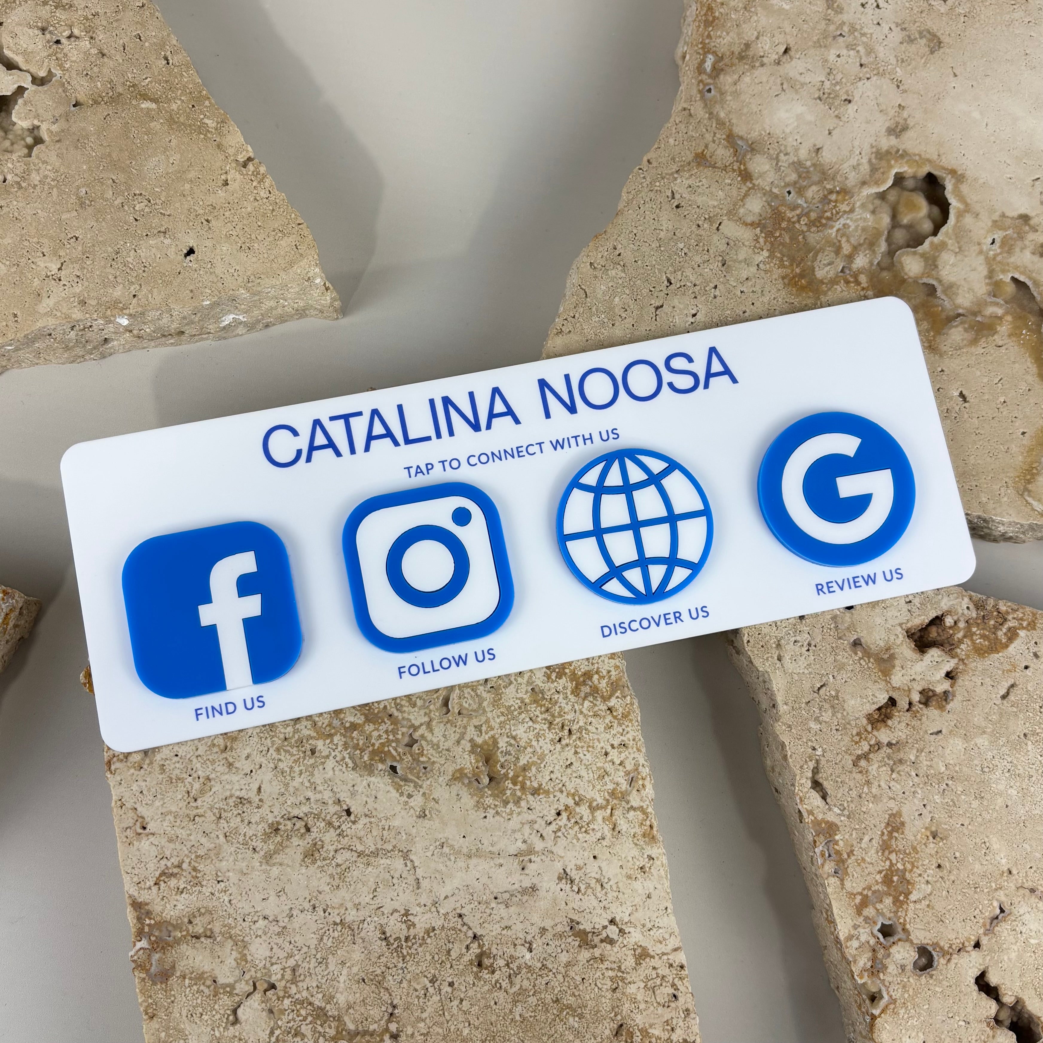 Custom NFC business stand with social media and Google review links, personalised acrylic tap sign for salons, cafes, retail stores and small businesses, NFC social media display made in Australia and New Zealand.