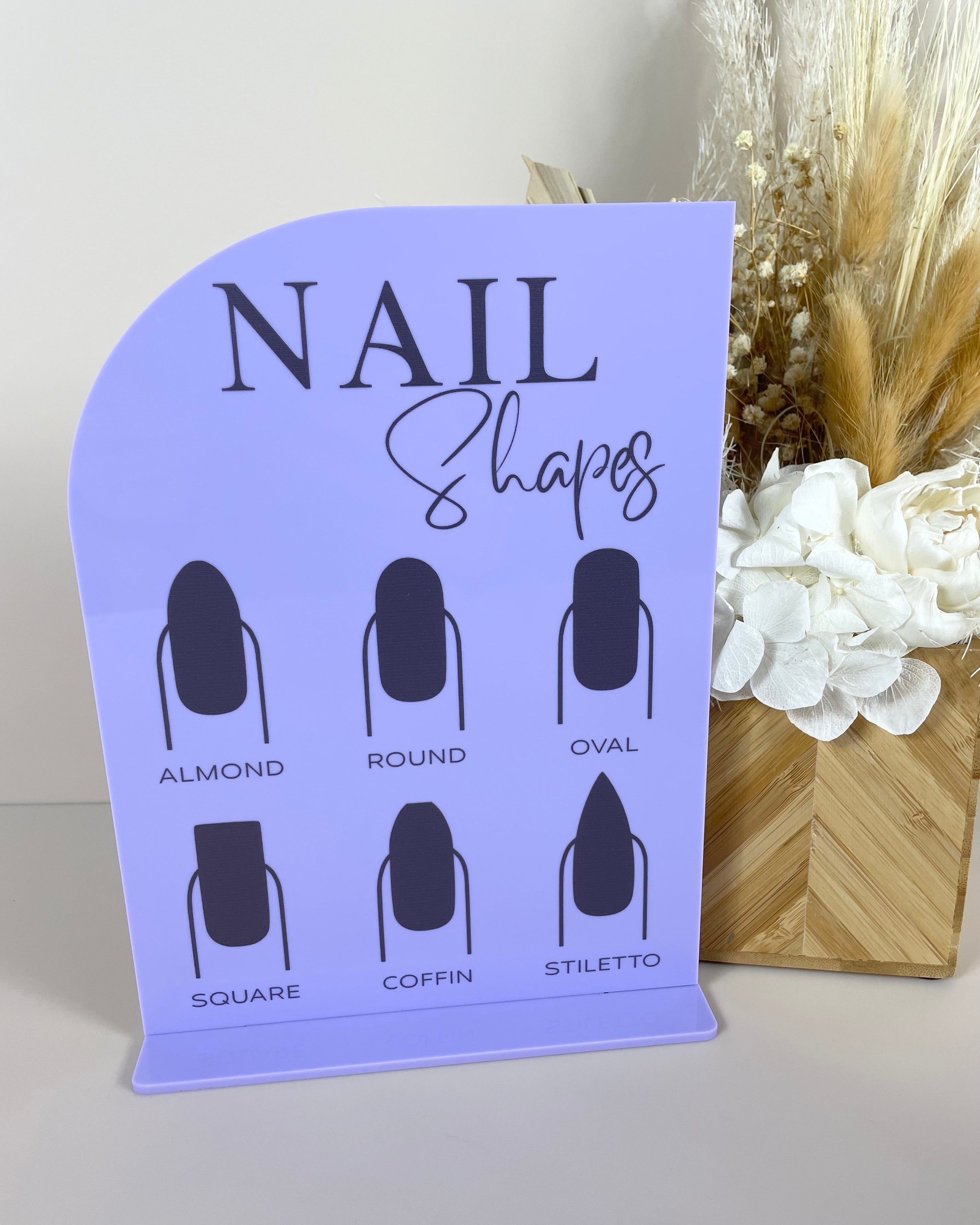 Purple nail shapes display sign with curved left edge
