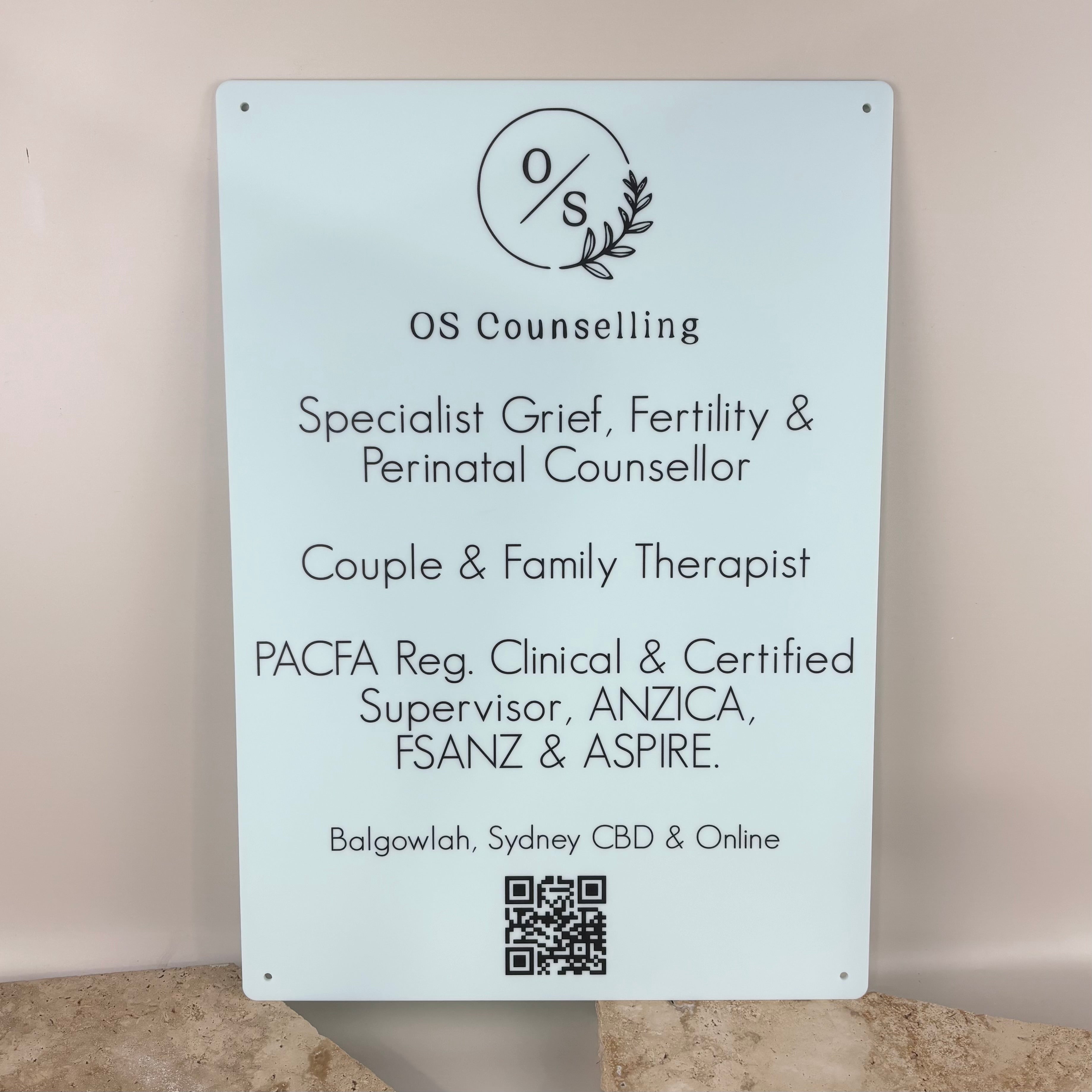 Custom frosted acrylic business sign with logo and QR code for counselling clinic wall signage and professional office branding