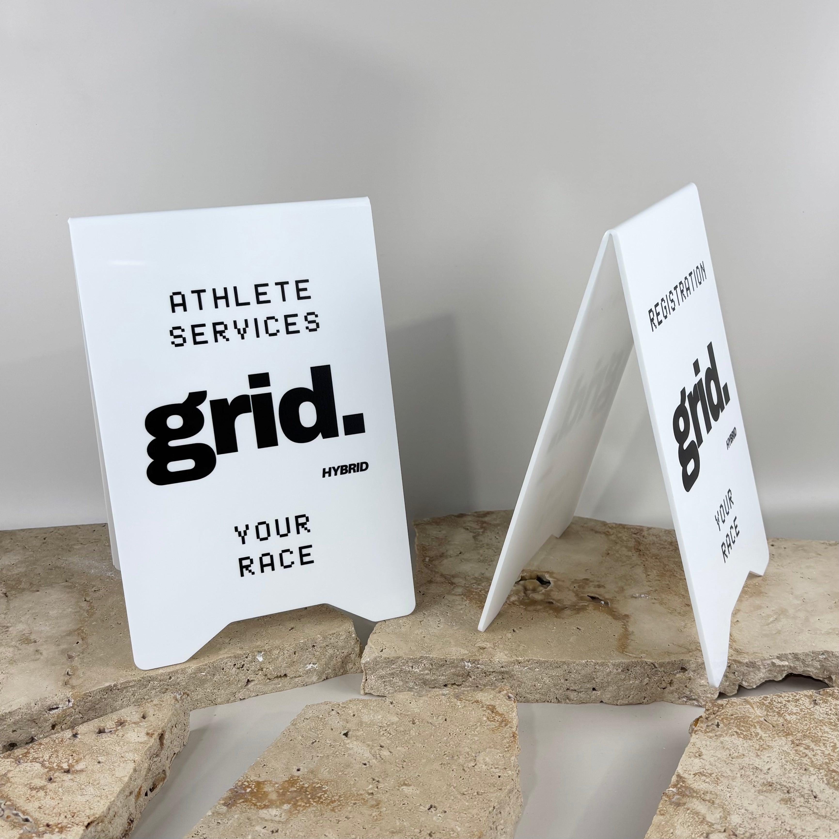 Custom acrylic A-frame sign stand for business branding, UV printed double sided display sign for salons, retail stores and events