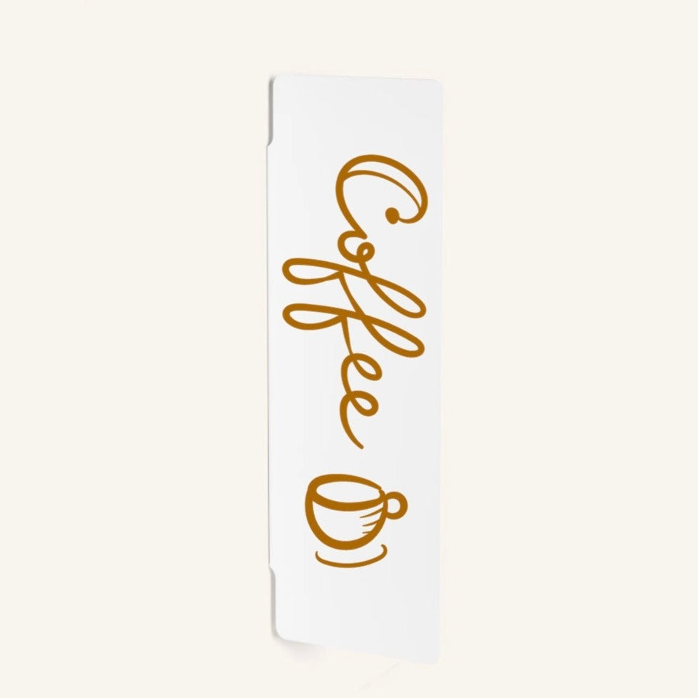 Custom rectangle blade sign for coffee shop in Australia with vertical brown text on white background