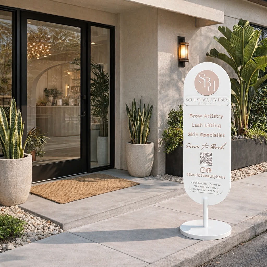 Custom oval business display sign outside salon entrance, freestanding double sided acrylic sign with 3D lettering, beauty salon signage Australia