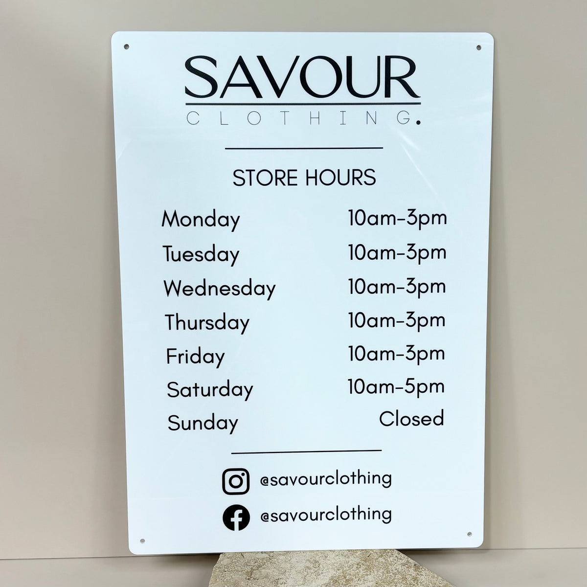 Custom acrylic store hours sign with logo, retail and café opening hours signage