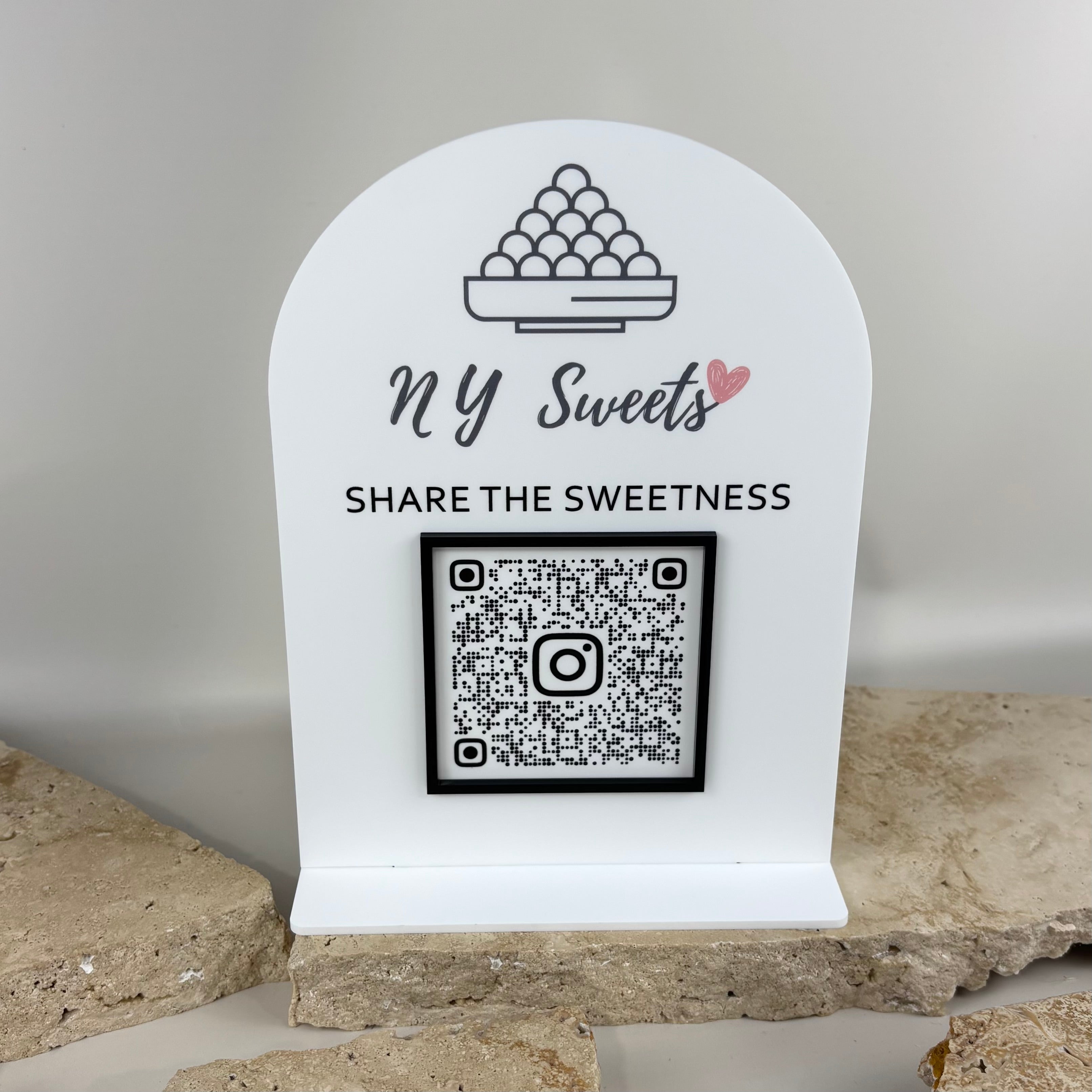 Custom acrylic QR code sign with Instagram branding, personalised social media scan stand for business marketing, freestanding countertop display for customer engagement and follow prompts