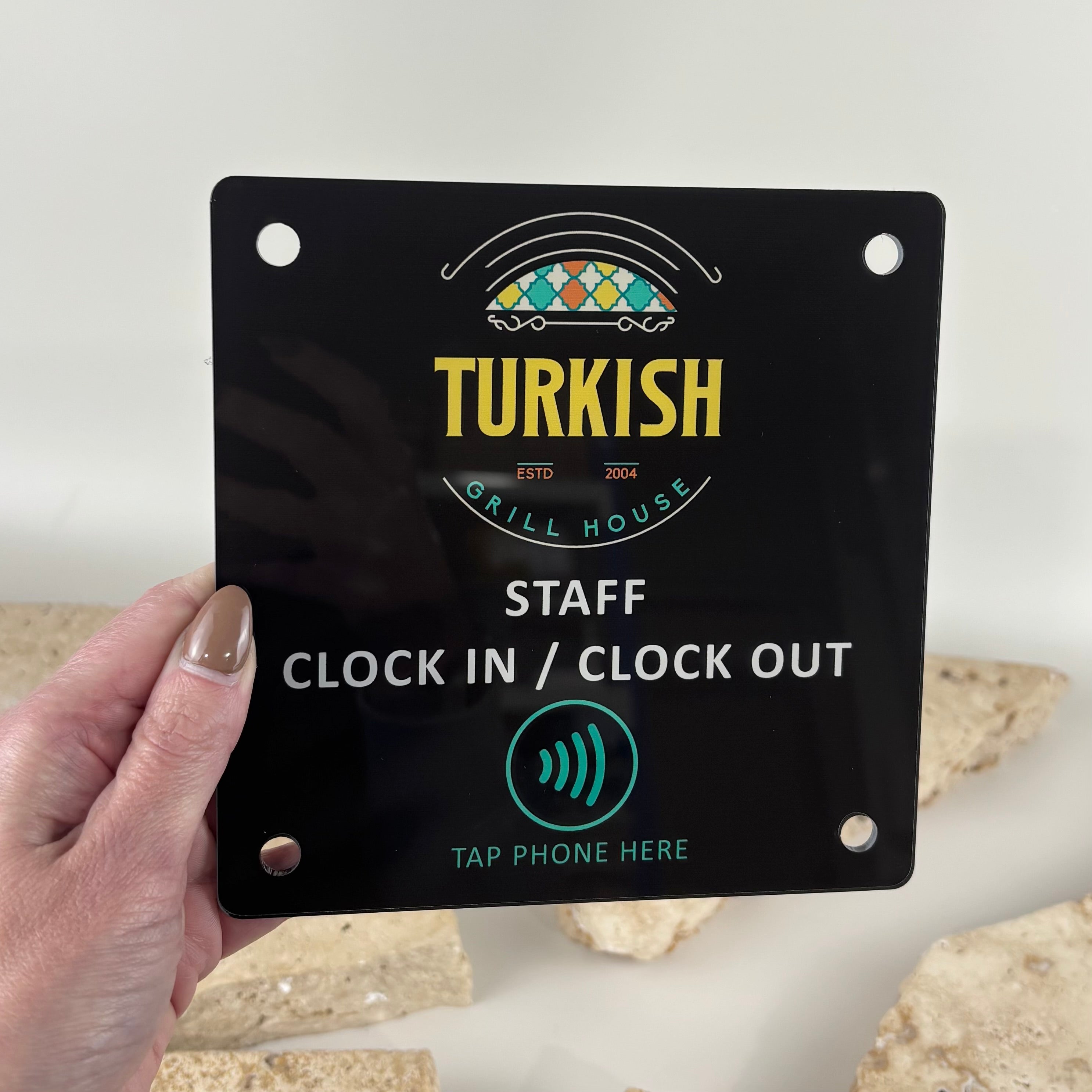 Custom 15x15cm NFC staff clock in station with business logo, QR code and tap-to-clock-in technology for employee time tracking.