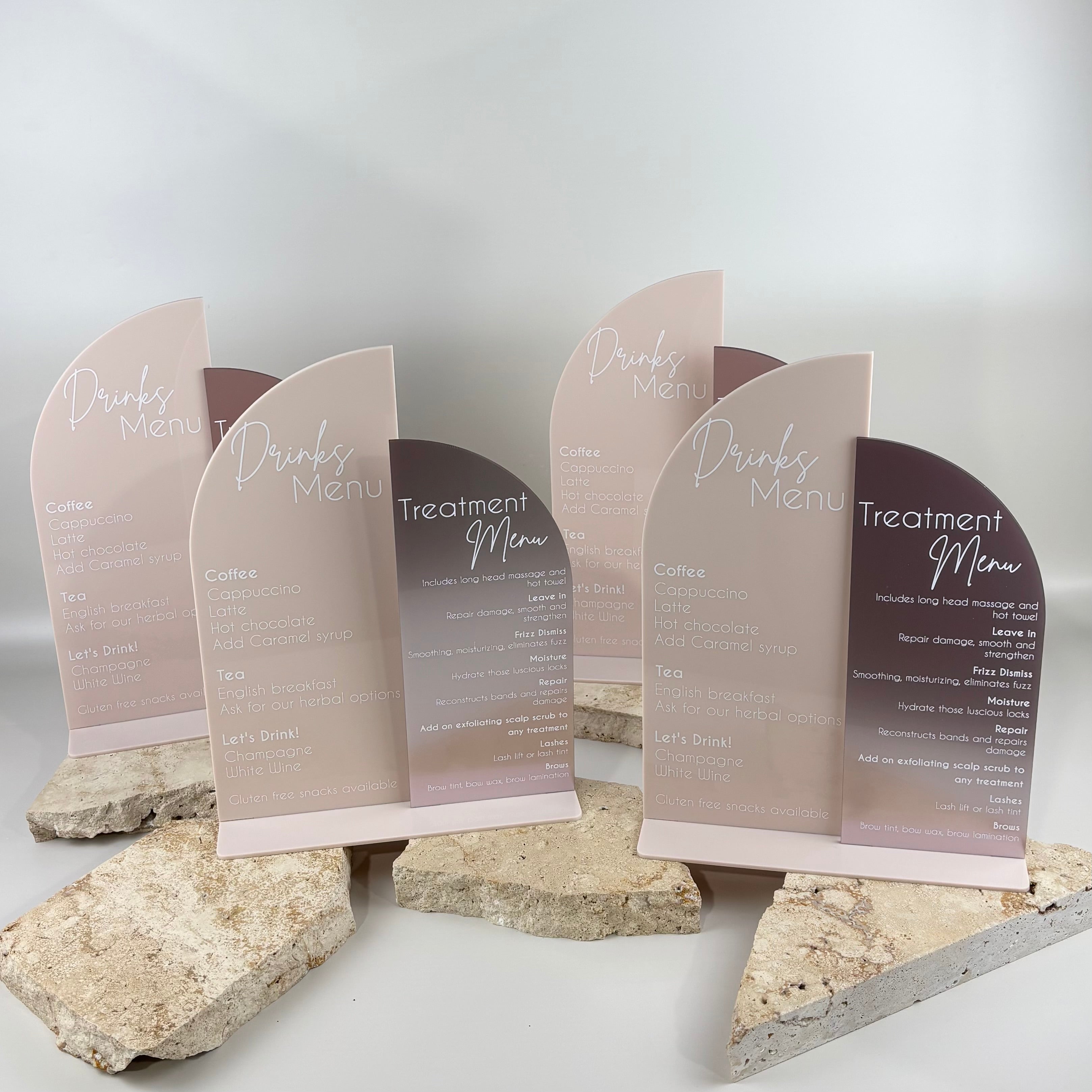 Custom acrylic salon menu display stand with personalised drinks and treatment menu, ideal for hair salons, beauty salons, spas and lash or brow studios.