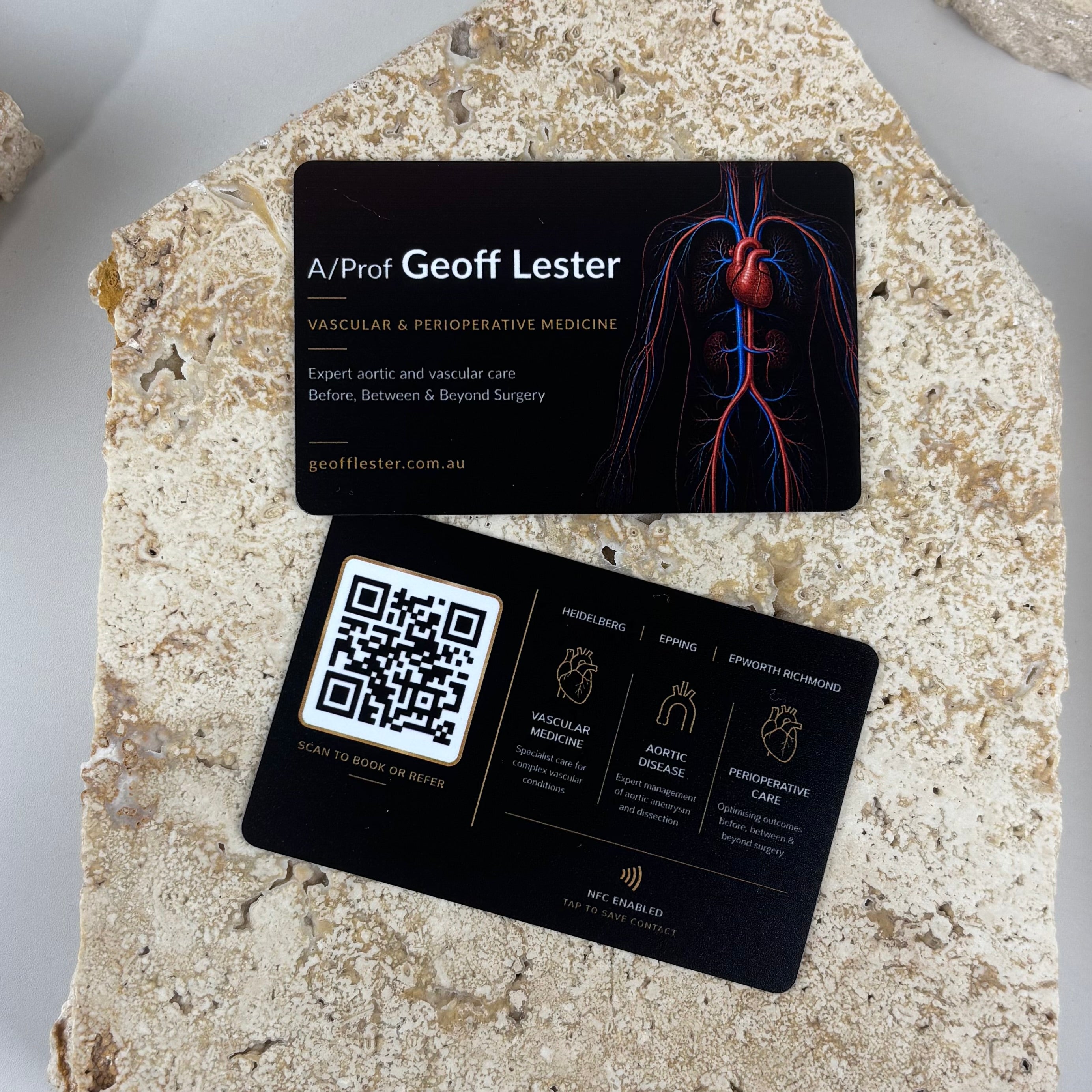 Custom NFC business cards with QR code and contactless tap feature, personalised digital business cards for medical professionals and small businesses, reusable smart networking cards with custom branding and UV printed design