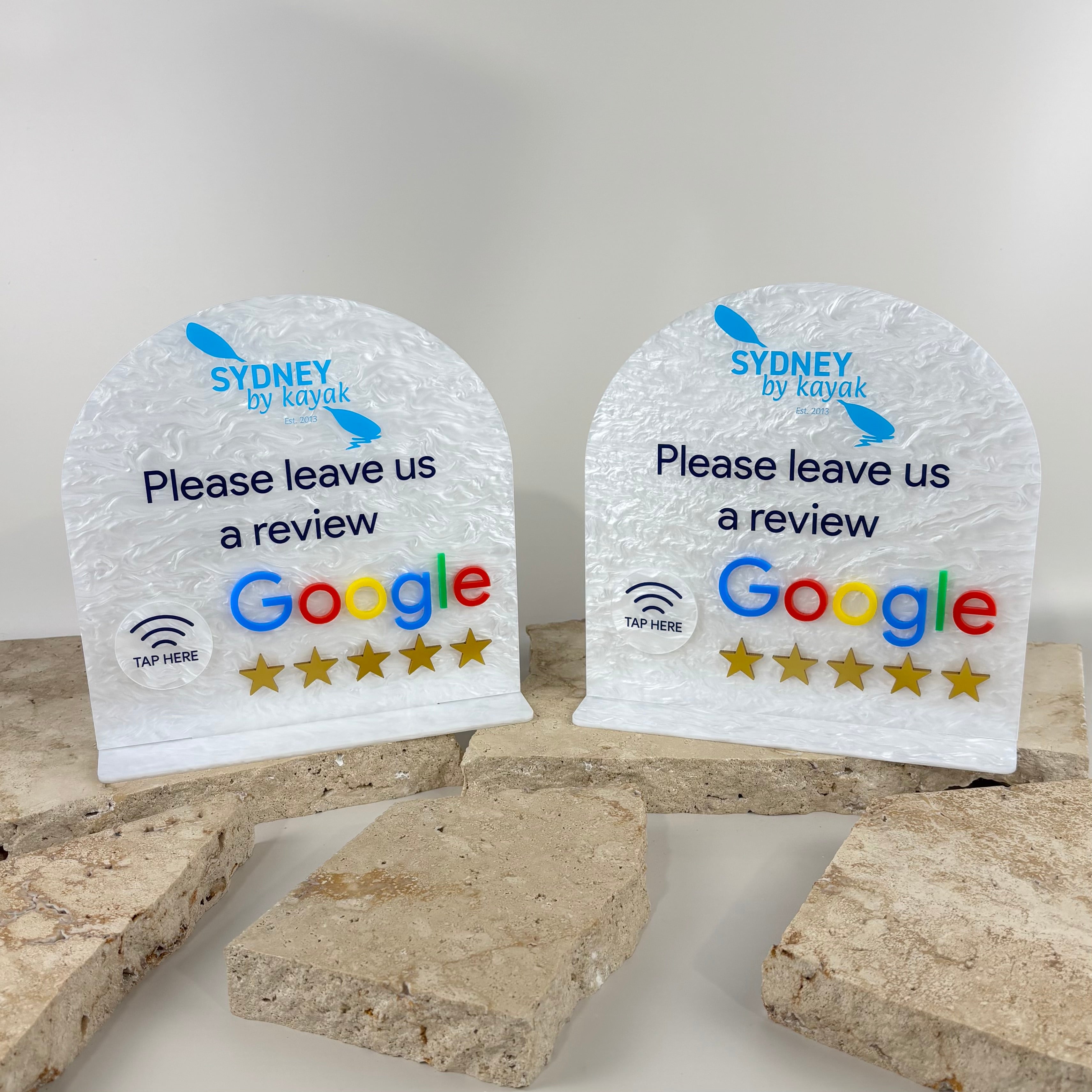 Custom acrylic Google review stand with NFC tap feature and QR code, personalised business review sign with 3D Google logo and star rating, freestanding countertop display for customer feedback and engagement