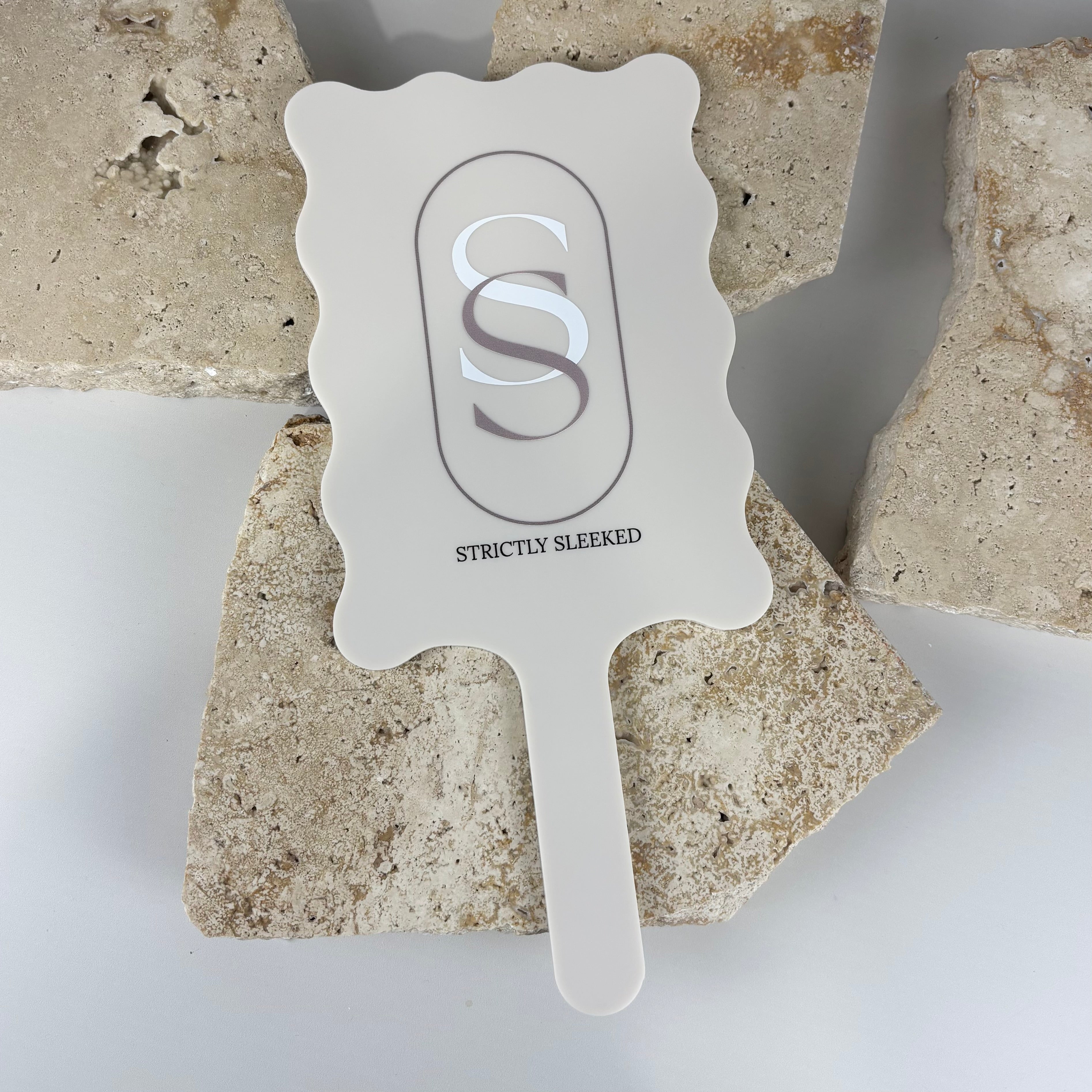 Branded wavy acrylic handheld mirror with logo, custom beauty salon mirror Australia