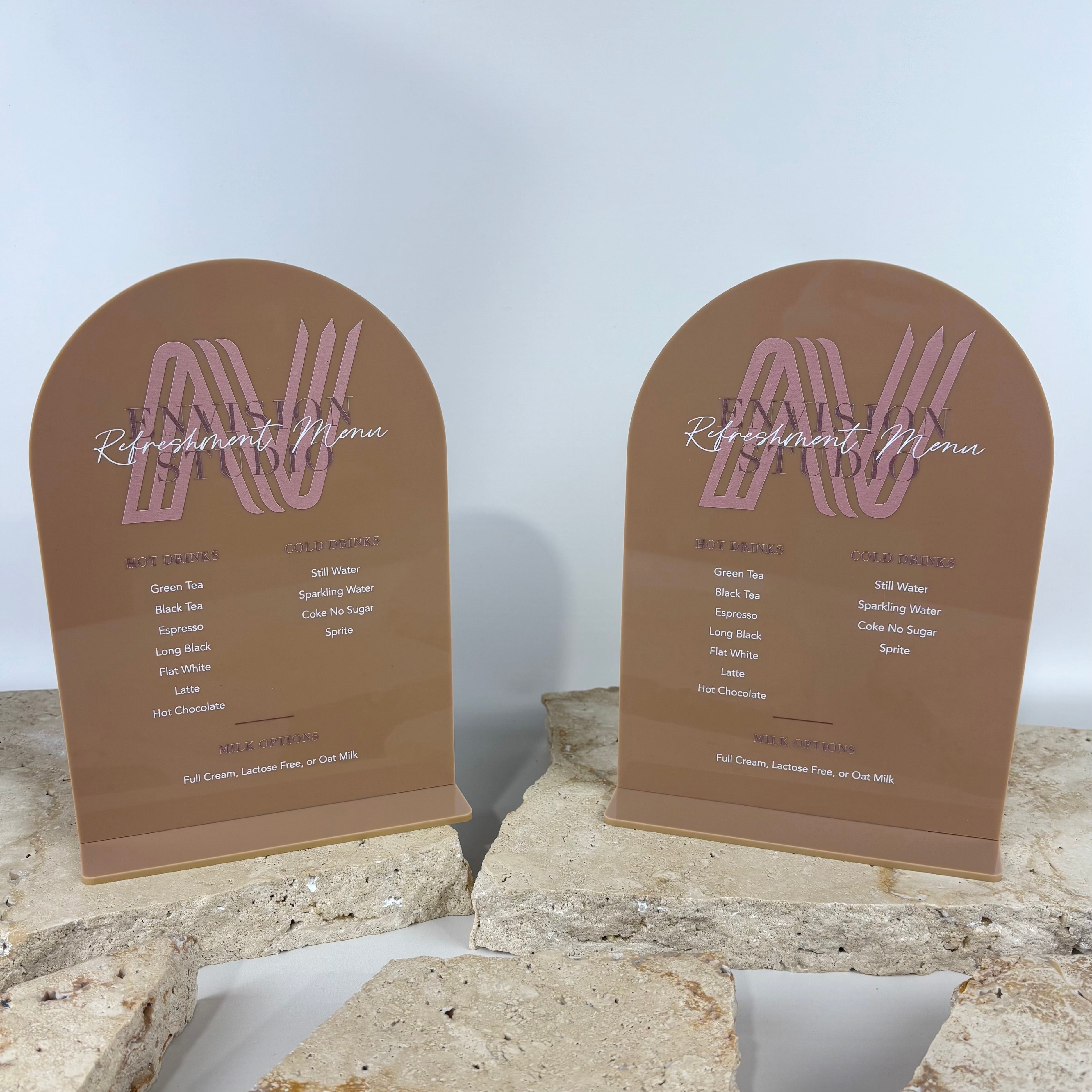 Custom acrylic drink menu sign with arched design, branded refreshment menu display for cafés, salons and events