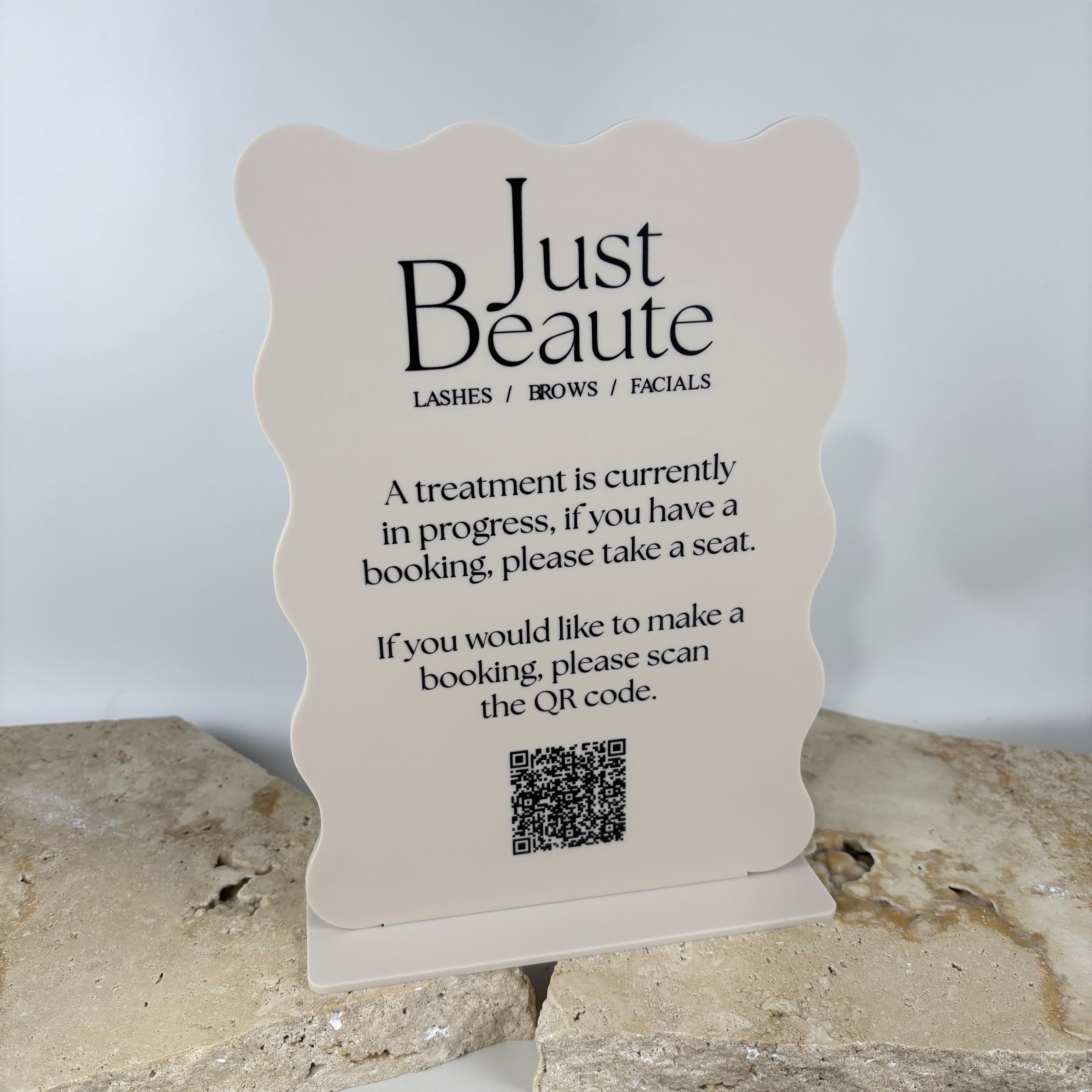 Custom acrylic salon counter sign with QR code booking display, modern business counter sign for beauty salons and treatment rooms.
