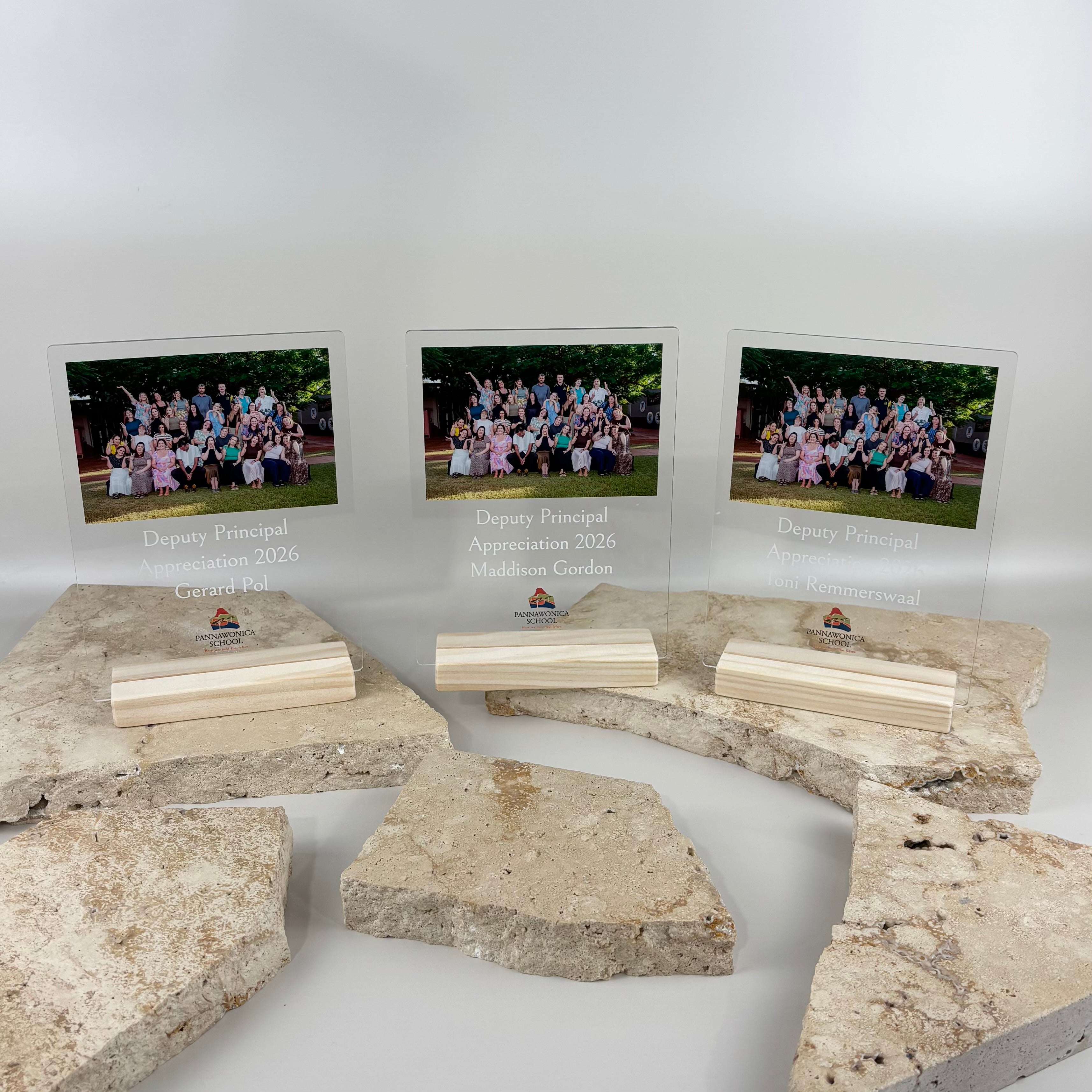 Personalised acrylic photo plaque with custom UV printed photograph, engraved appreciation message and timber display stand, creating a premium teacher appreciation gift, school staff award, retirement keepsake or personalised photo desk plaque.