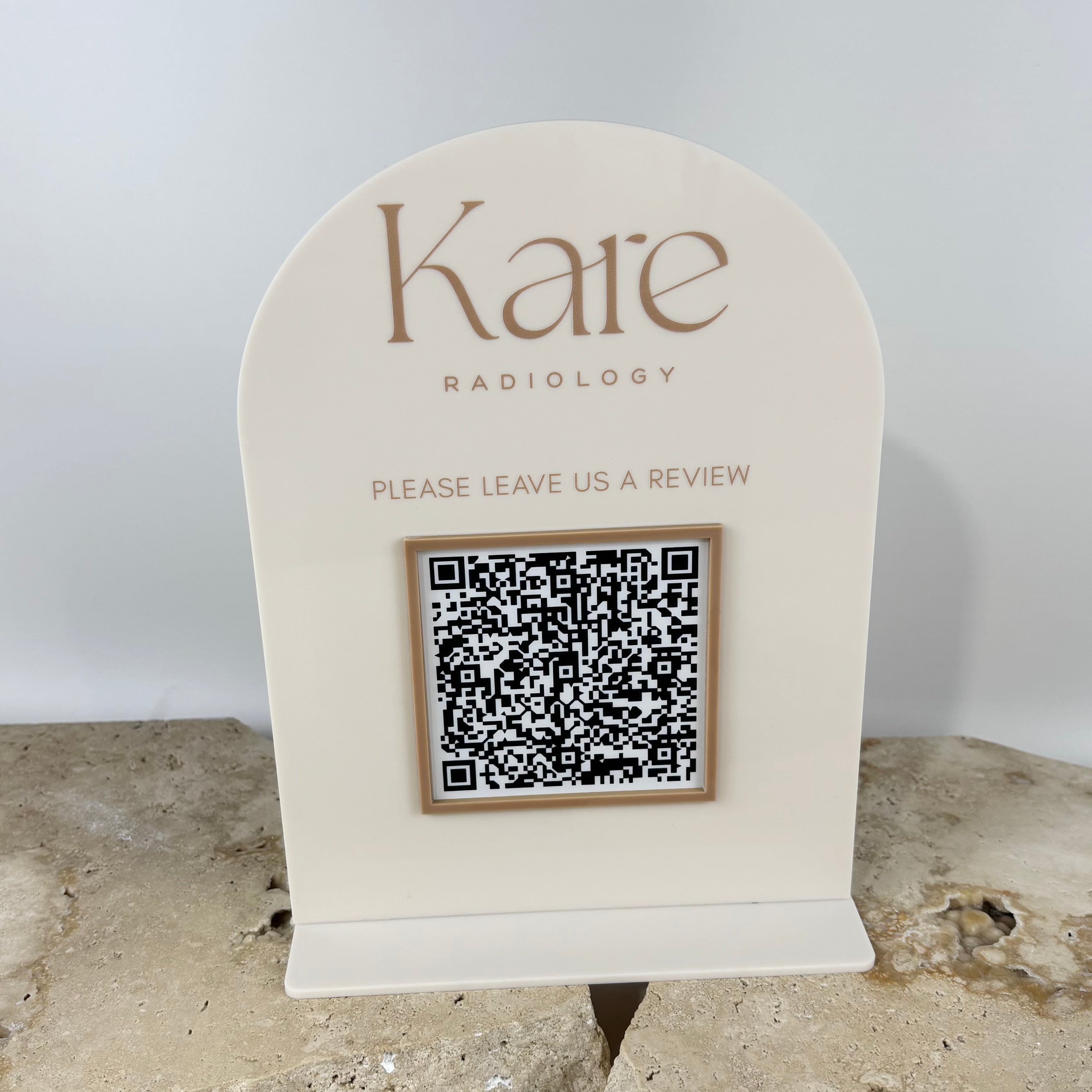 Custom acrylic Google review stand with QR code, branded countertop sign encouraging customer reviews for business reception areas